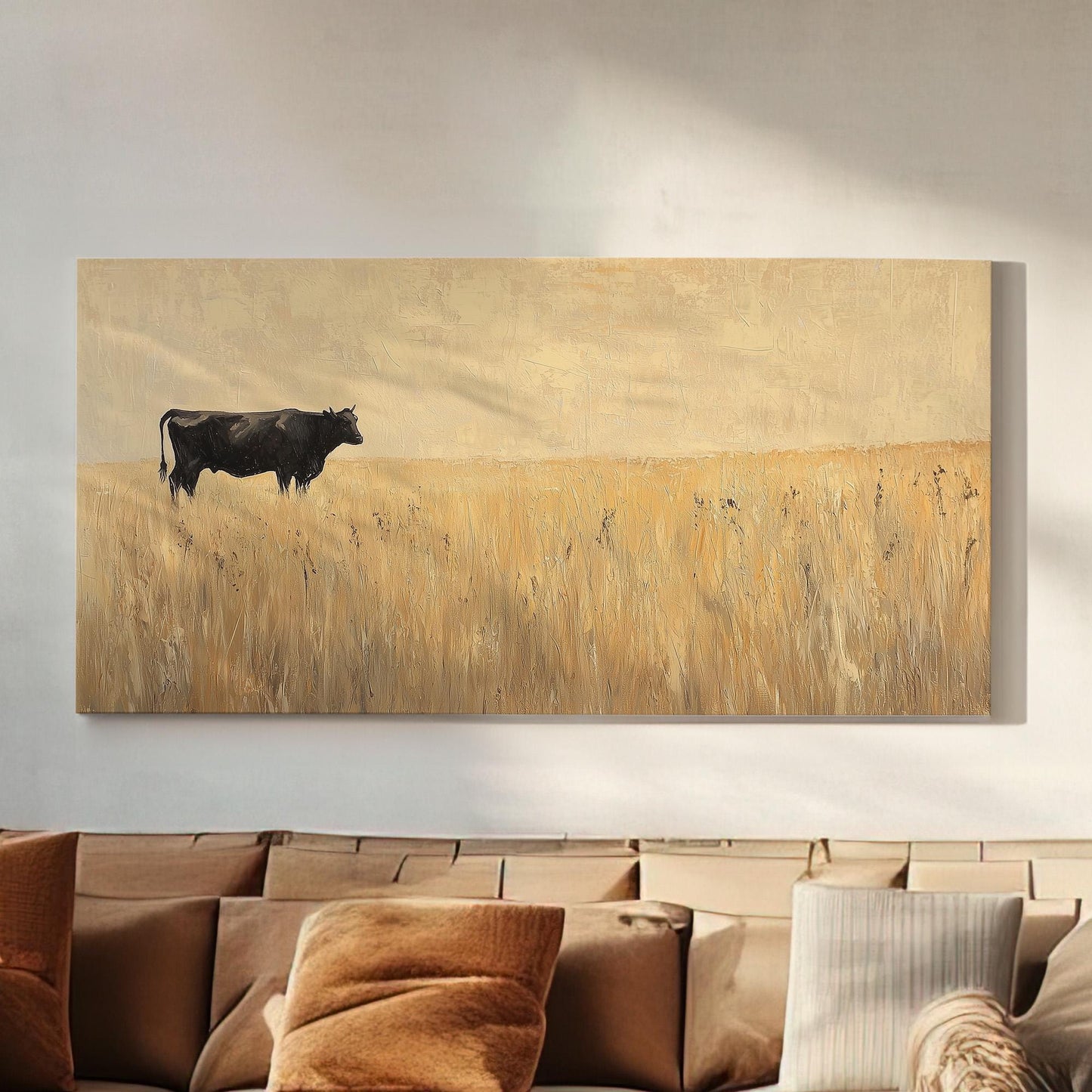Cow In The Distance Lanscape Country Living, 2x1 Farmhouse Decor Canvas Print, Rural Vibes 20x60 Canvas Art