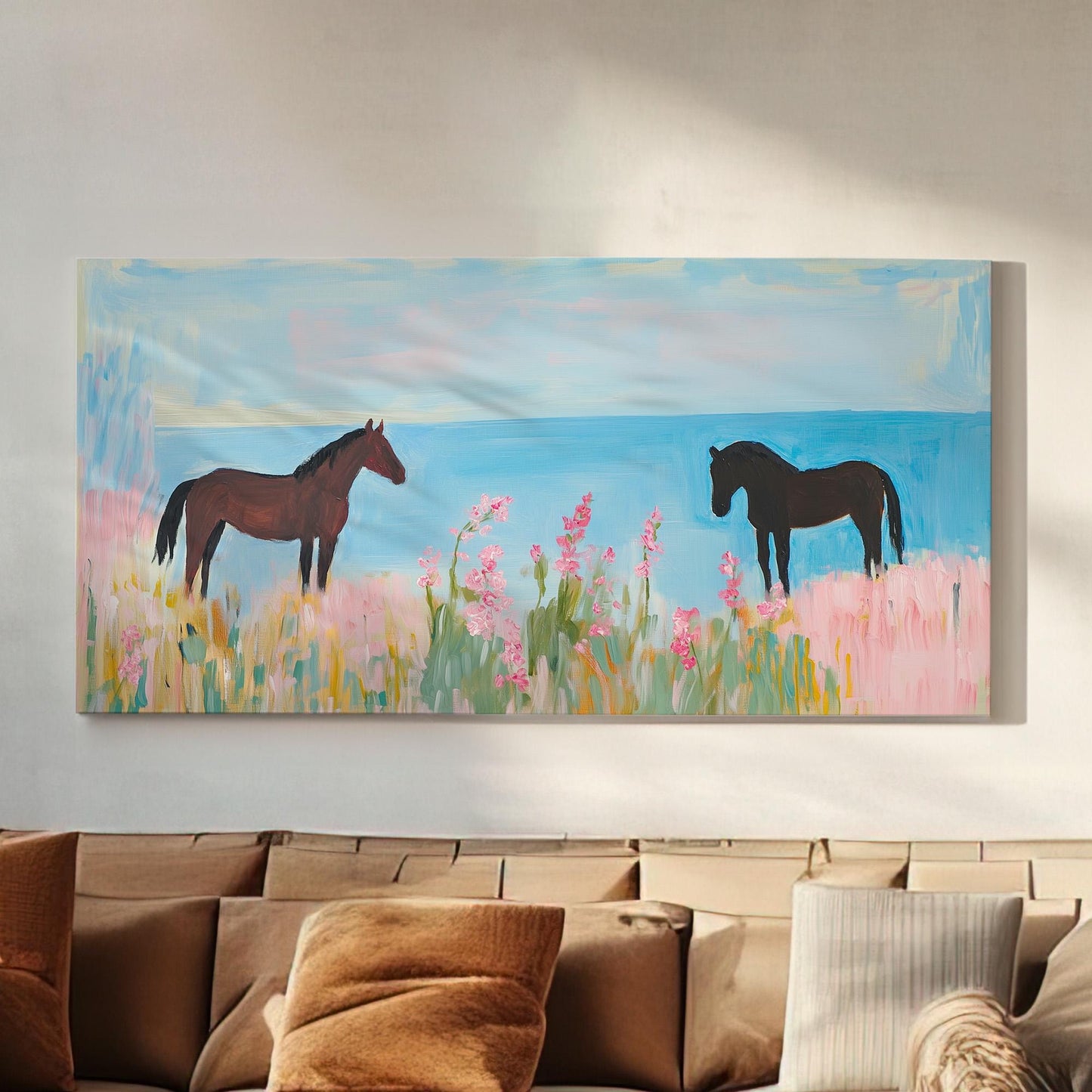 Horses At The Beach Lanscape Flower Garden, 2x1 Farmhouse Equestrian Canvas Print, Wild Nature 20x60 Canvas Art