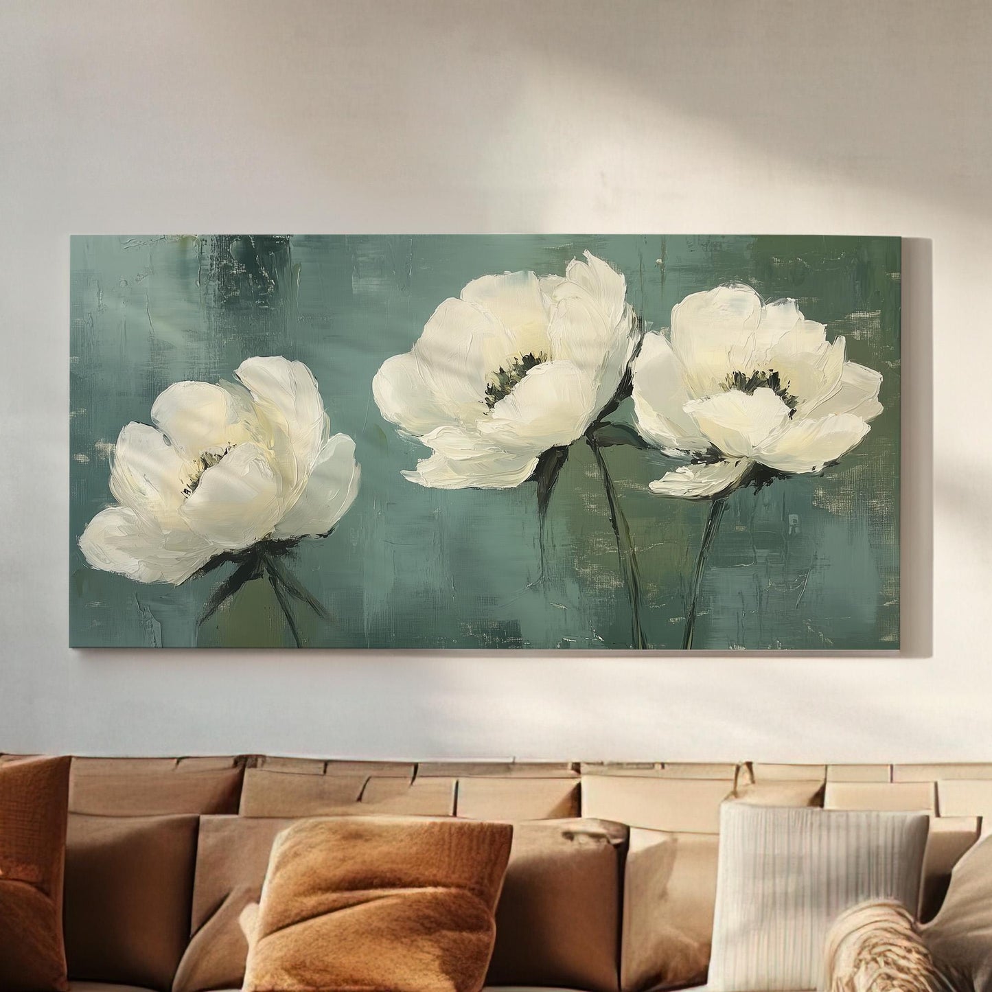 Minimal White Peonies Lanscape Abstract Peonies, 2x1 Floral Charm Canvas Print, Green Farmhouse 20x60 Canvas Art
