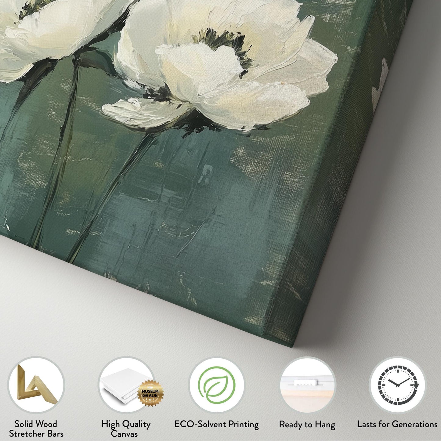 Minimal White Peonies Lanscape Abstract Peonies, 2x1 Floral Charm Canvas Print, Green Farmhouse 20x60 Canvas Art