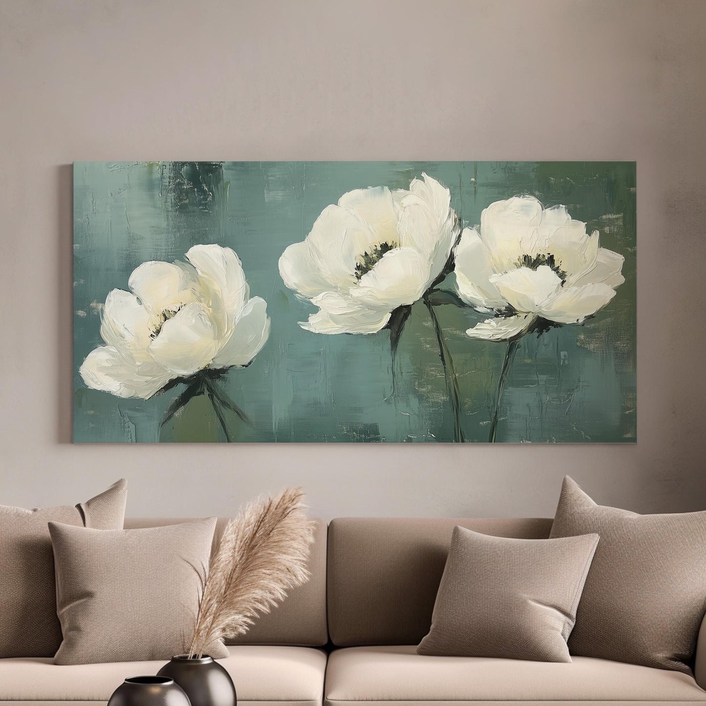 Minimal White Peonies Lanscape Abstract Peonies, 2x1 Floral Charm Canvas Print, Green Farmhouse 20x60 Canvas Art