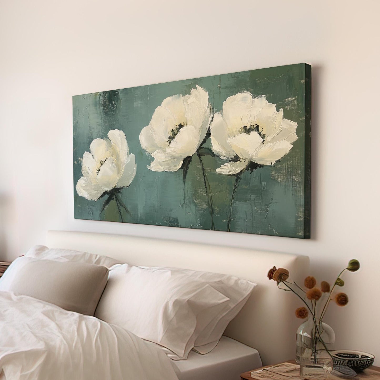 Minimal White Peonies Lanscape Abstract Peonies, 2x1 Floral Charm Canvas Print, Green Farmhouse 20x60 Canvas Art