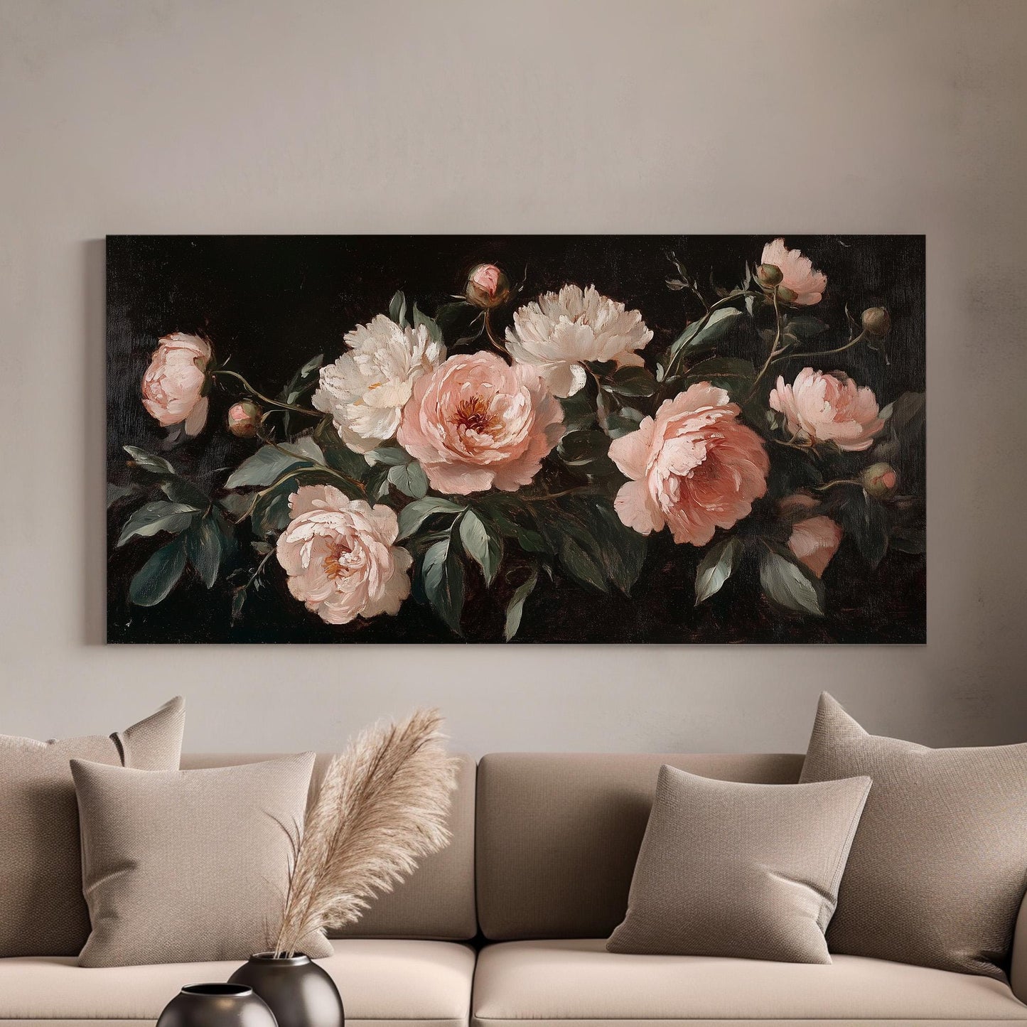 Renaissance Peony Bouquet Lanscape Rustic Peonies, 2x1 Floral Charm Canvas Print, Spring Farmhouse 20x60 Canvas Art