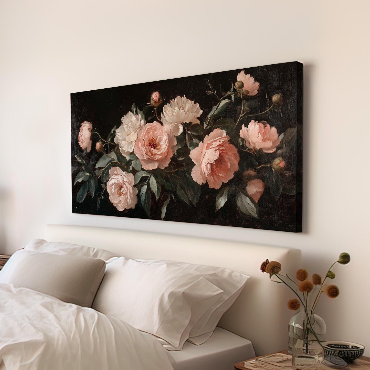 Renaissance Peony Bouquet Lanscape Rustic Peonies, 2x1 Floral Charm Canvas Print, Spring Farmhouse 20x60 Canvas Art