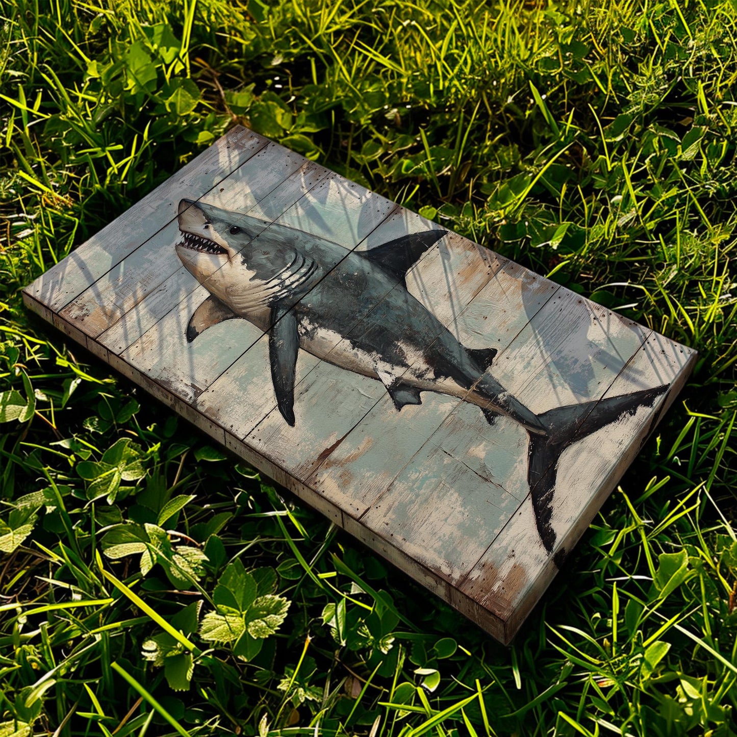 Rustic Shark Scene Lanscape Coastal Theme, 2x1 Ocean Vibes Canvas Print, Sea Predator 20x60 Canvas Art