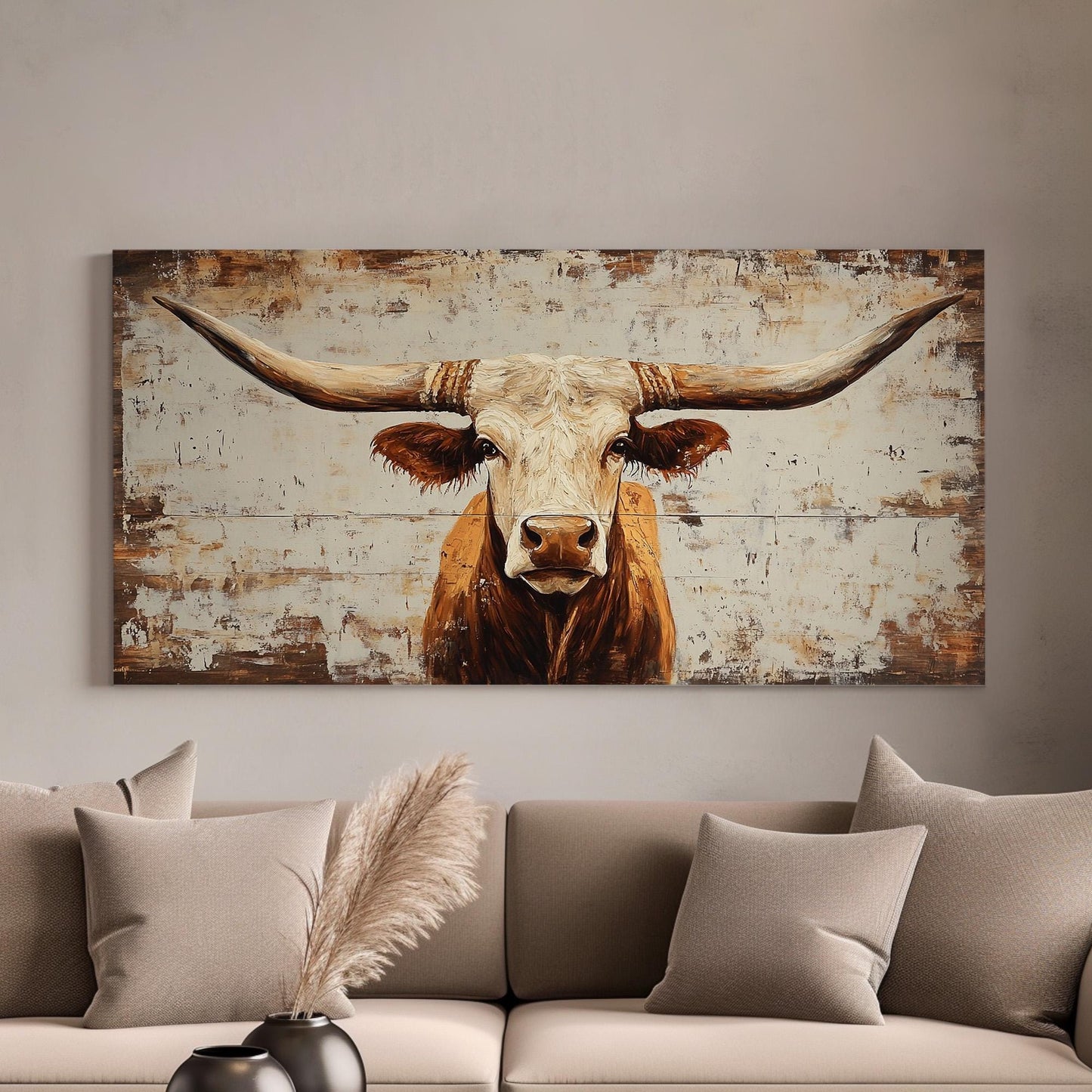 Rustic Texas Longhorn Portrait Lanscape Wooden Texture, 2x1 Country Charm Canvas Print, Vintage Ranch 20x60 Canvas Art