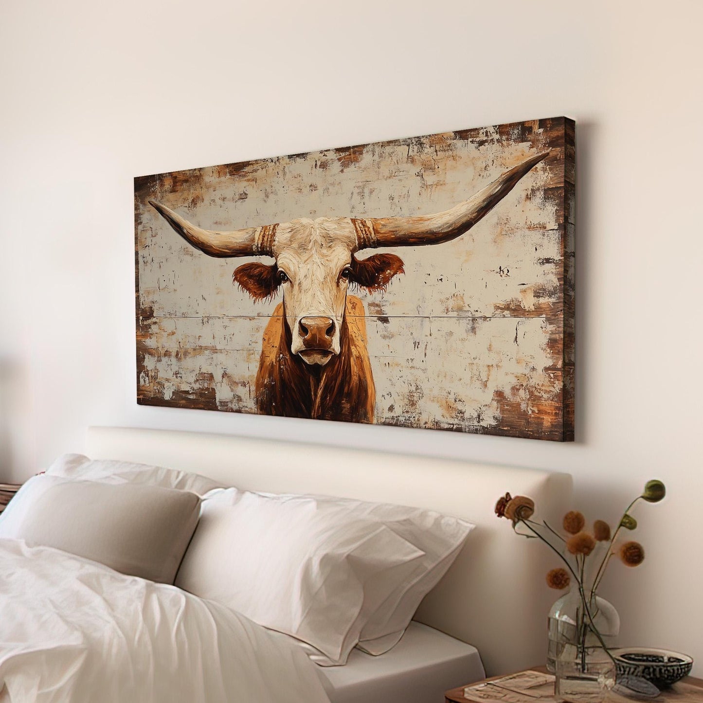 Rustic Texas Longhorn Portrait Lanscape Wooden Texture, 2x1 Country Charm Canvas Print, Vintage Ranch 20x60 Canvas Art