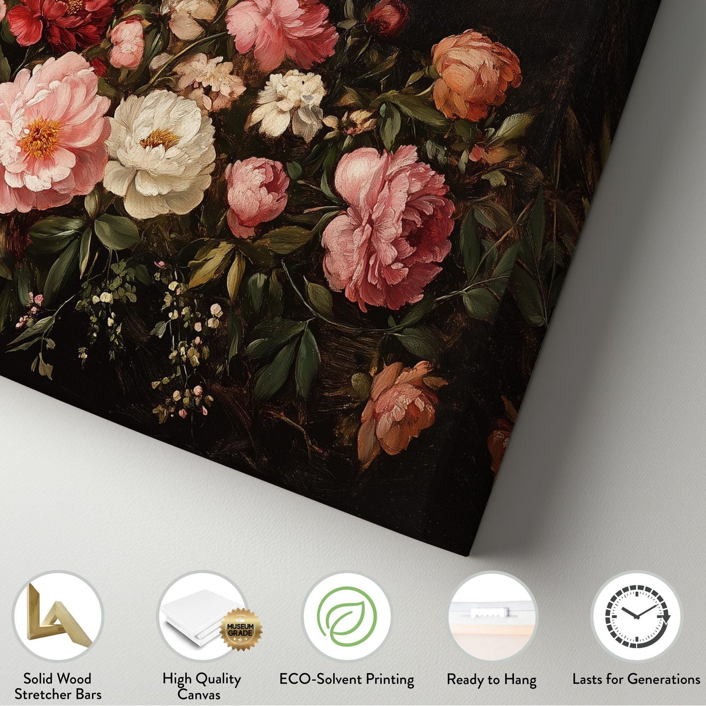 Vintage Peony Bouquet Lanscape Rustic Peonies, 2x1 Floral Charm Canvas Print, Spring Farmhouse 20x60 Canvas Art