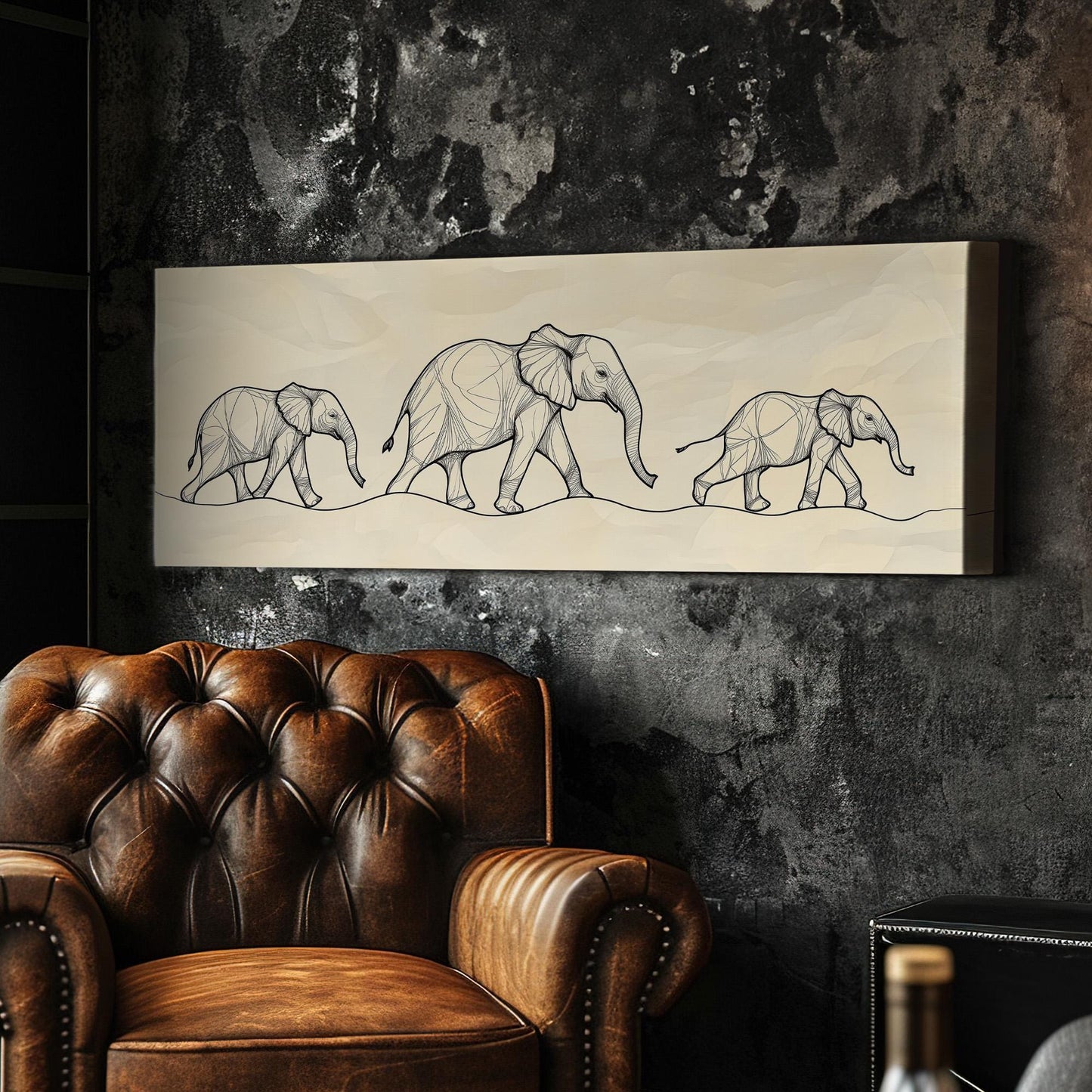 Elephant Family Drawing Panoramic African Elephant, Minimal Animal Lover Canvas Print, Boho Japandi Printed Canvas Art