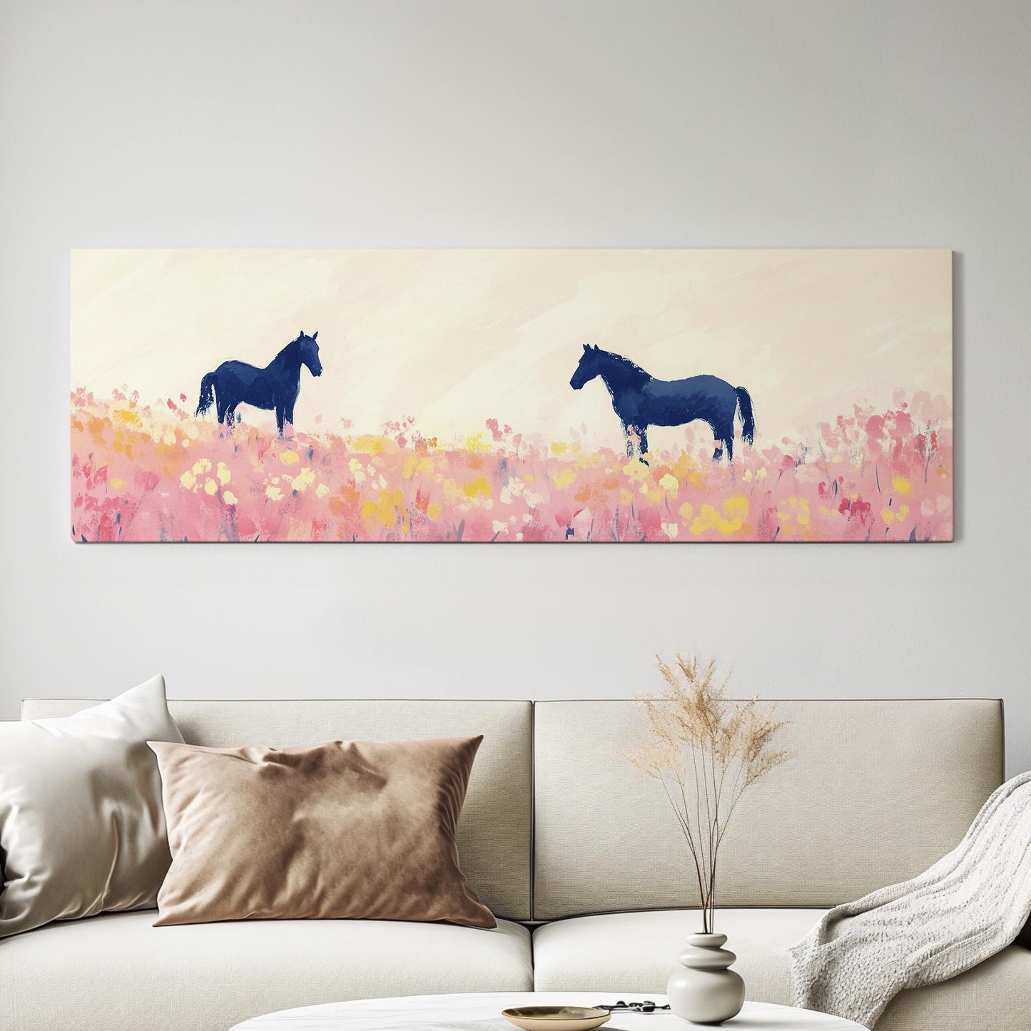 Equestrian Farmhouse Panoramic Rustic Ranch Horse, Minimal Country Riding Canvas Print, Wild Scene Printed Canvas Art