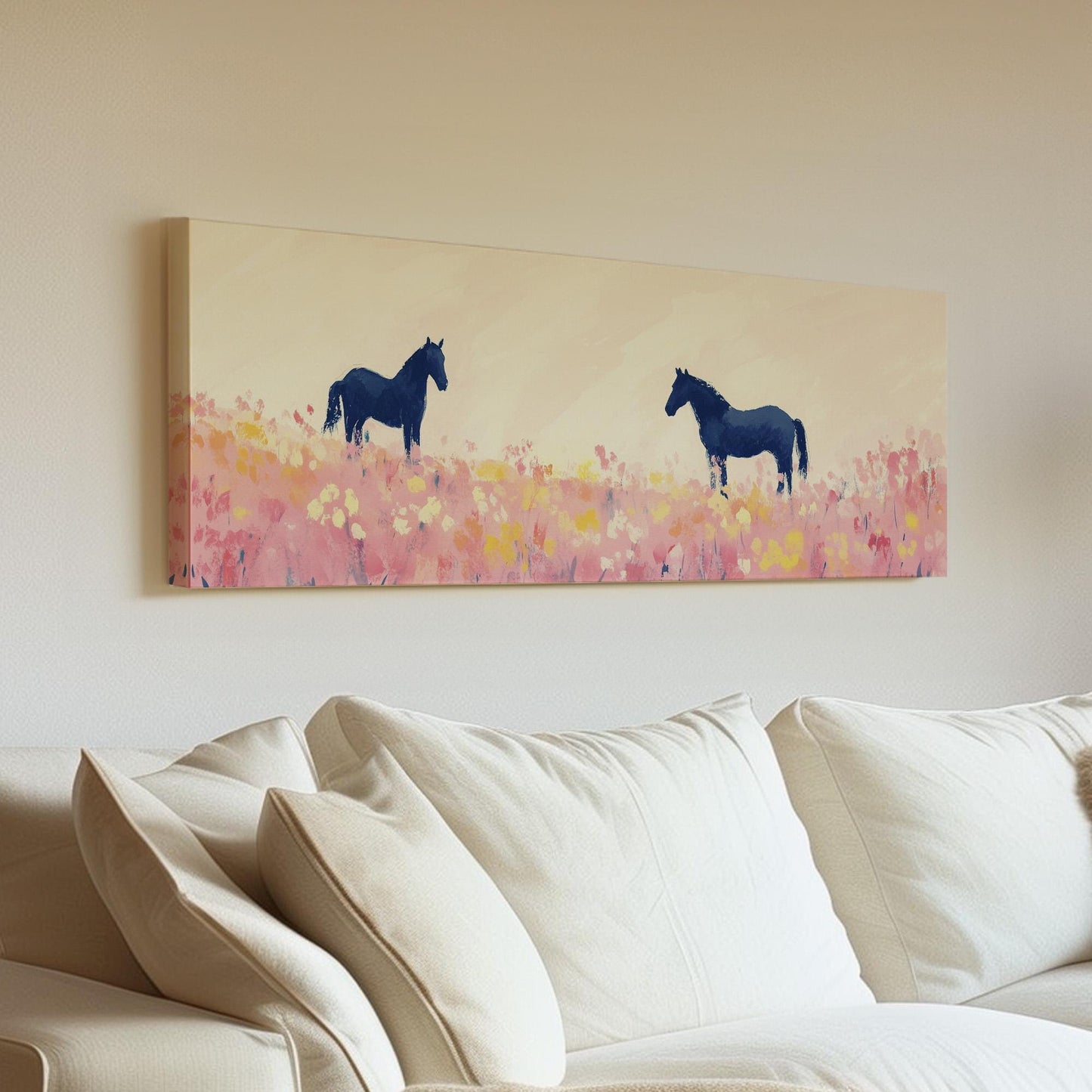 Equestrian Farmhouse Panoramic Rustic Ranch Horse, Minimal Country Riding Canvas Print, Wild Scene Printed Canvas Art