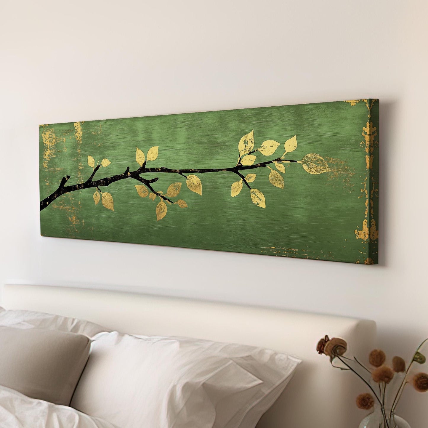 Golden Apple Branch Panoramic Green Moody, Minimal Farmhouse Country Canvas Print, Nature Bloom Printed Canvas Art