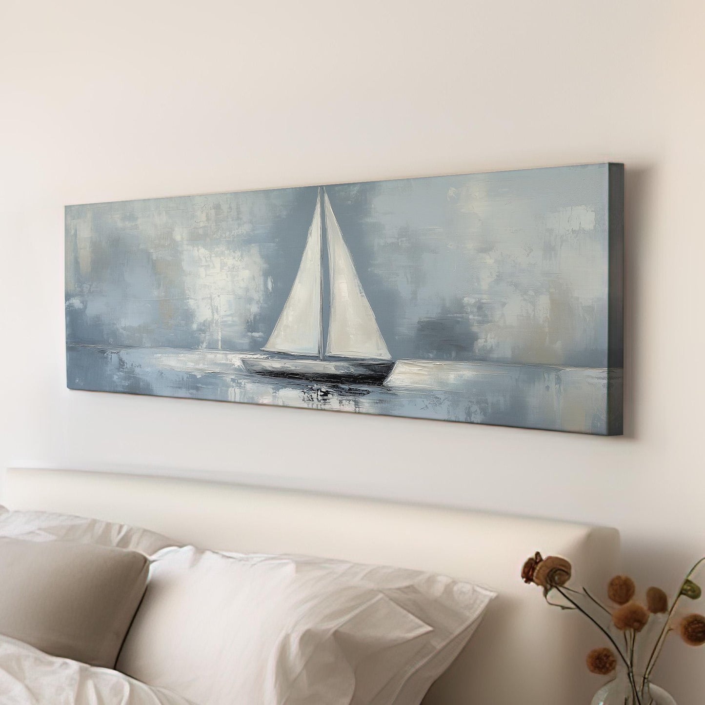 Moody Sailing Panoramic Sailboat Nautical, Minimal Rustic Sea Canvas Print, Maritime Calm Printed Canvas Art