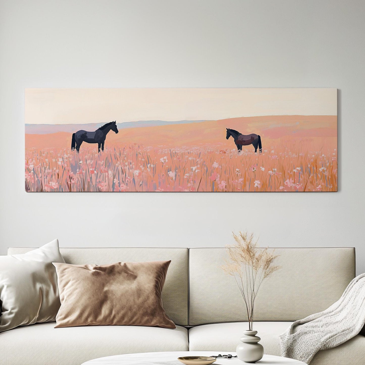 Praire Horses Panoramic Western Country, Minimal Farmhouse Equestrian Canvas Print, Wild Nature Printed Canvas Art