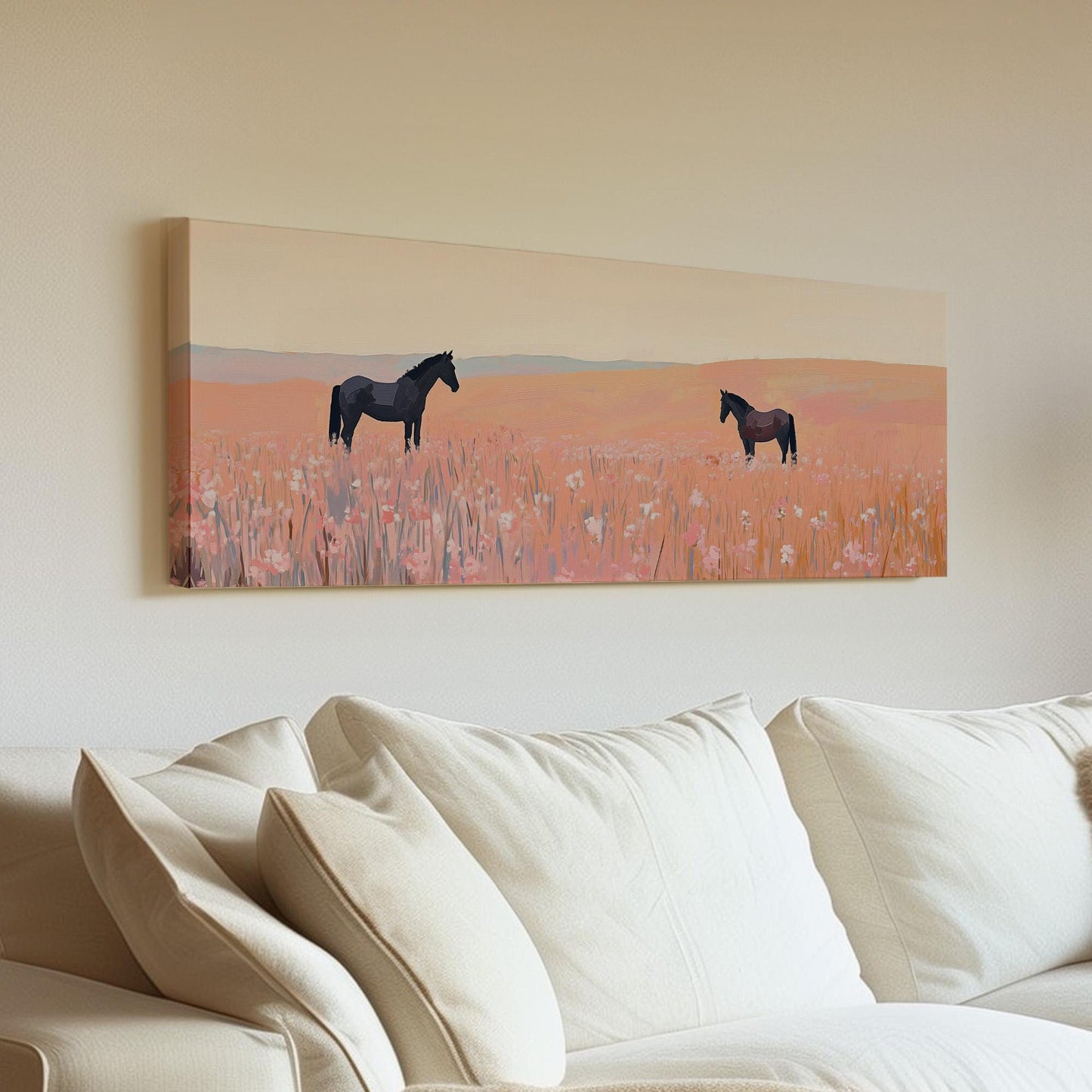 Praire Horses Panoramic Western Country, Minimal Farmhouse Equestrian Canvas Print, Wild Nature Printed Canvas Art