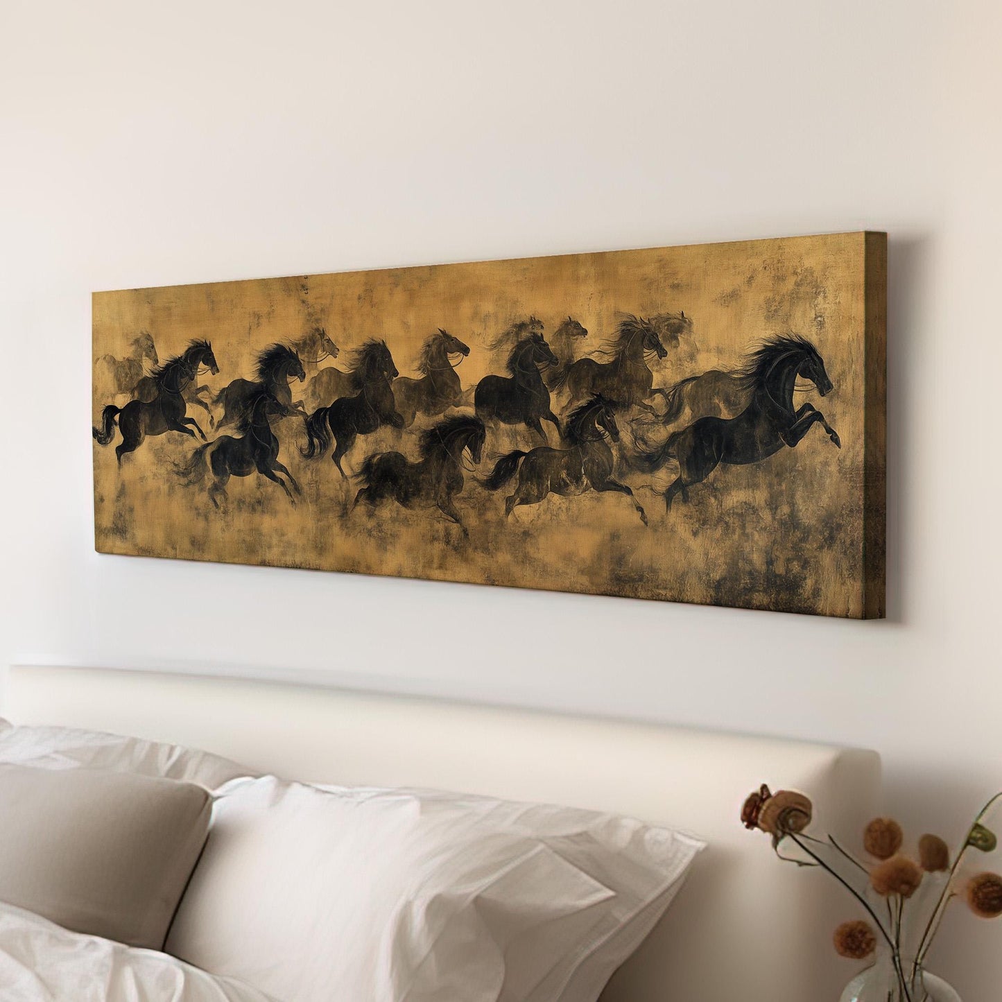 Running Horse Scene Panoramic Rustic Farmhouse, Minimal Wild Western Canvas Print, Country Equestrian Printed Canvas Art