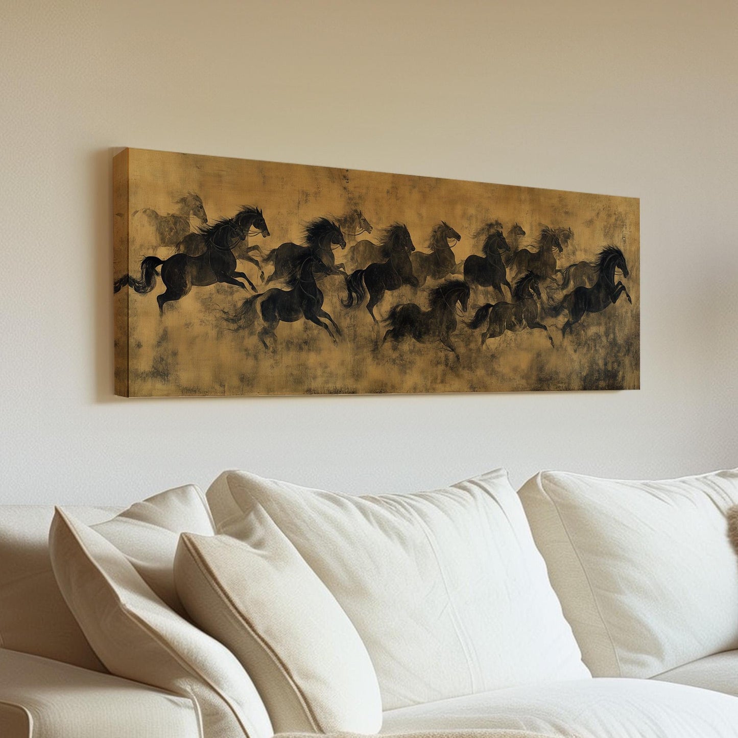 Running Horse Scene Panoramic Rustic Farmhouse, Minimal Wild Western Canvas Print, Country Equestrian Printed Canvas Art