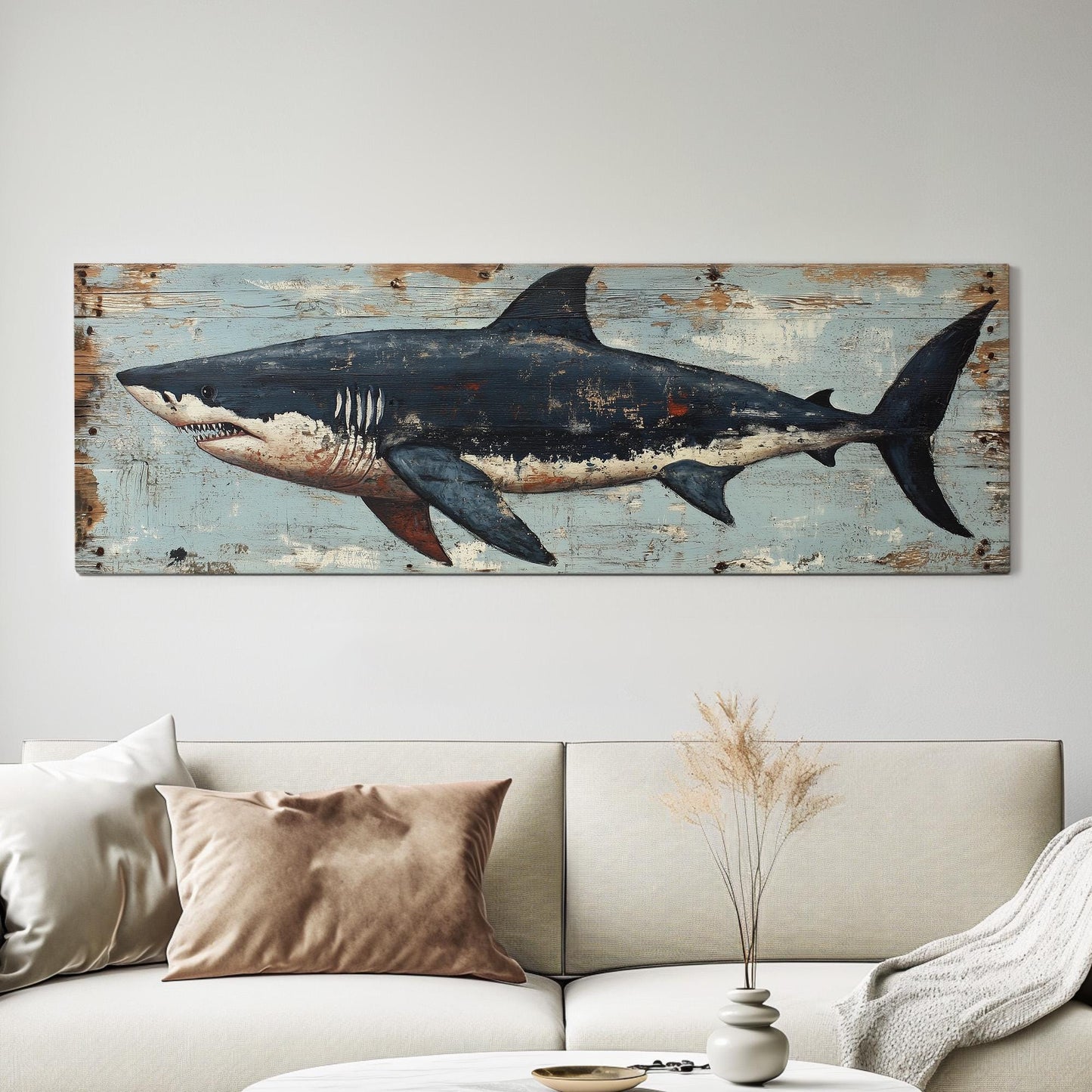 Rustic Great White Shark Panoramic Coastal Theme, Minimal Blue Ocean Vibes Canvas Print, Sea Predator Printed Canvas Art