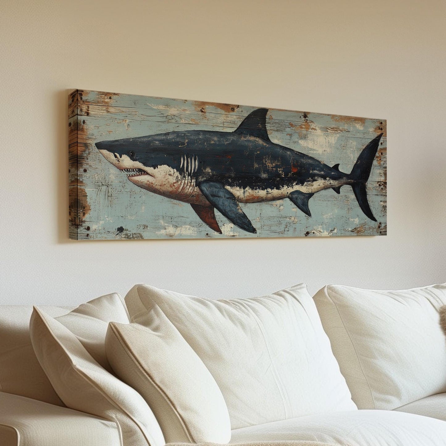 Rustic Great White Shark Panoramic Coastal Theme, Minimal Blue Ocean Vibes Canvas Print, Sea Predator Printed Canvas Art