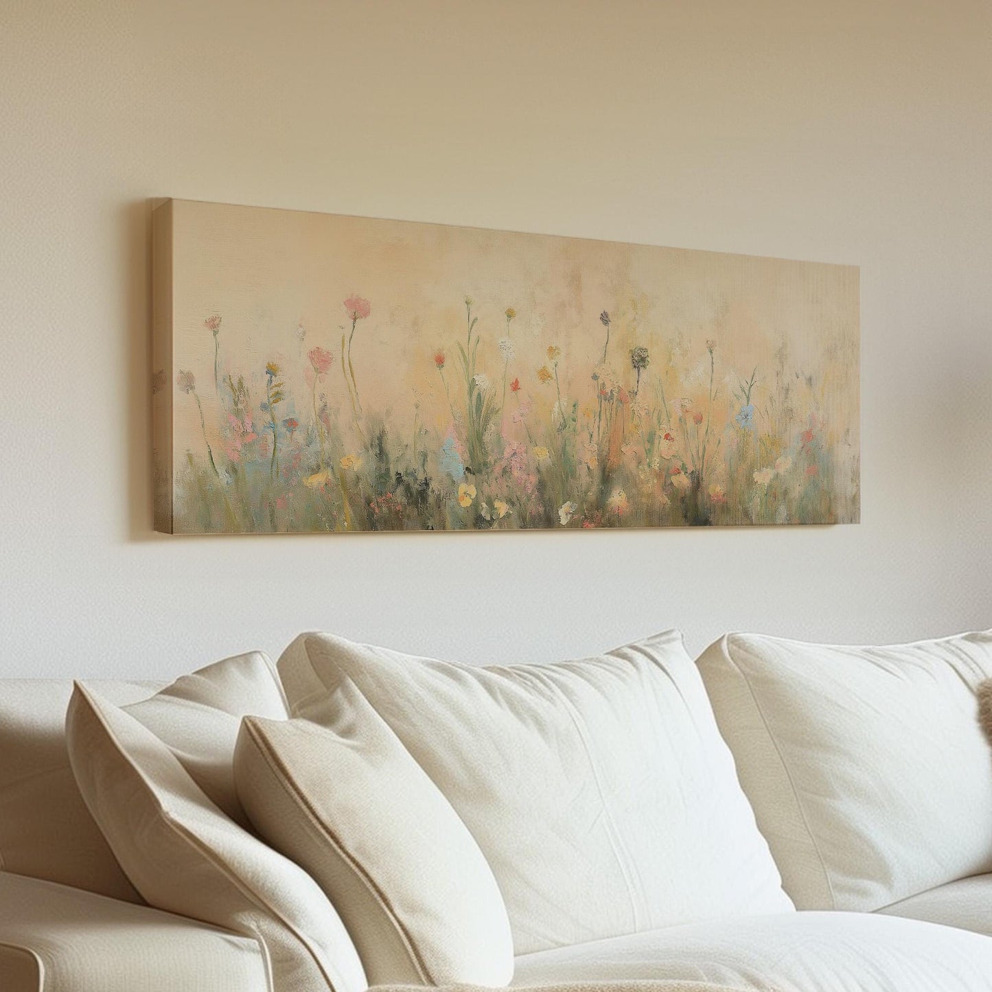 Textile Spring Meadow Panoramic Wildflower Field, Minimal Muted Landscape Canvas Print, English Countryside Printed Canvas Art