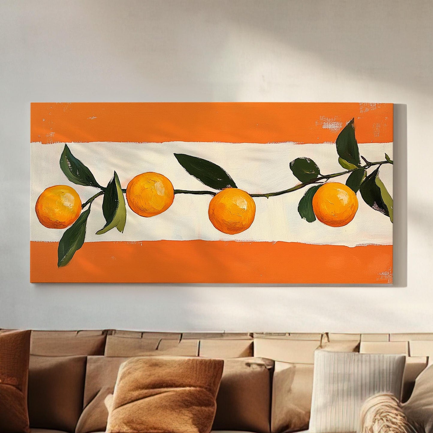 Abstract Orange Lanscape Citrus Fruit, 2x1 Farmhouse Kitchen Canvas Print, Vintage Style 20x60 Canvas Art