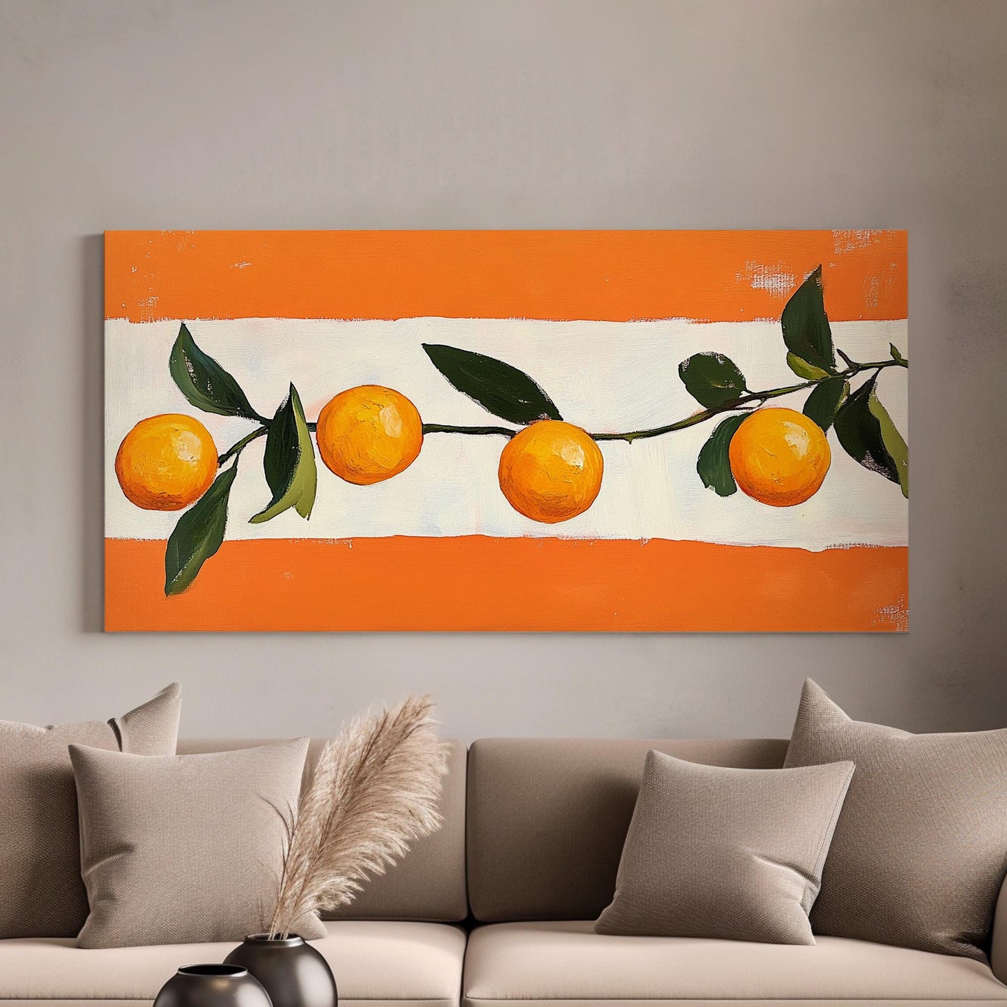 Abstract Orange Lanscape Citrus Fruit, 2x1 Farmhouse Kitchen Canvas Print, Vintage Style 20x60 Canvas Art