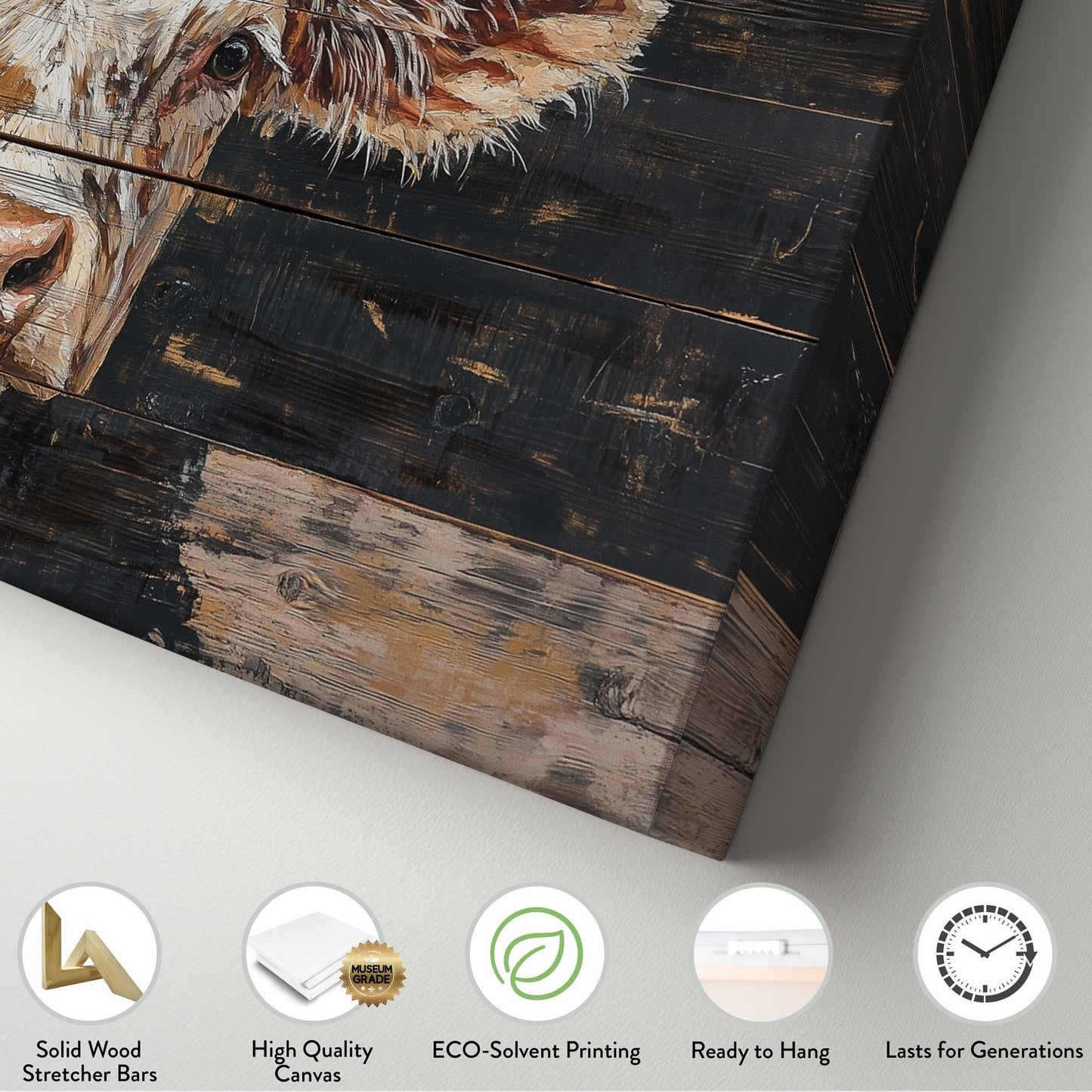 Cow Portrait Lanscape Dark Wood Texture, 2x1 Farm Decor Canvas Print, Rural Vibes 20x60 Canvas Art