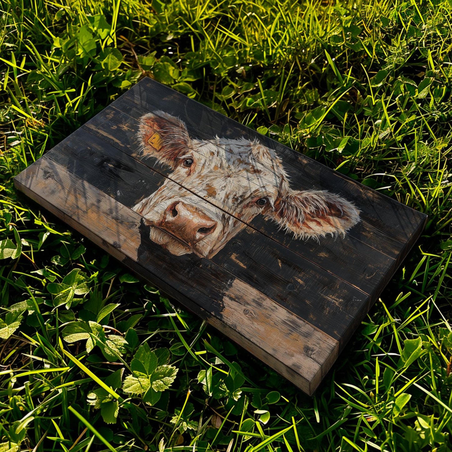 Cow Portrait Lanscape Dark Wood Texture, 2x1 Farm Decor Canvas Print, Rural Vibes 20x60 Canvas Art