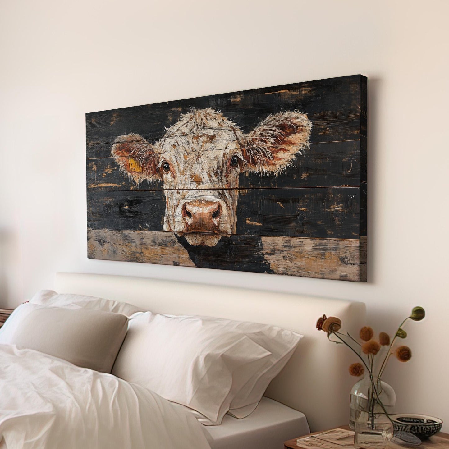 Cow Portrait Lanscape Dark Wood Texture, 2x1 Farm Decor Canvas Print, Rural Vibes 20x60 Canvas Art