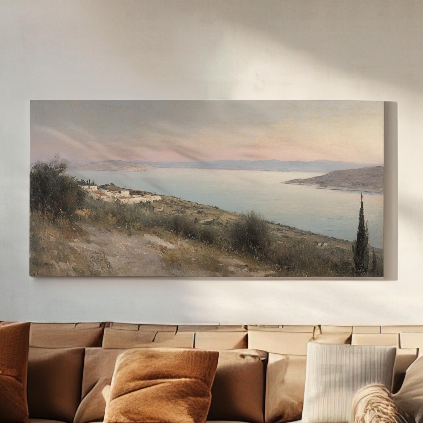 Greek Mediterranean Lanscape Muted Seascape, 2x1 Nautical Art Canvas Print, Coastal Sunset 20x60 Canvas Art