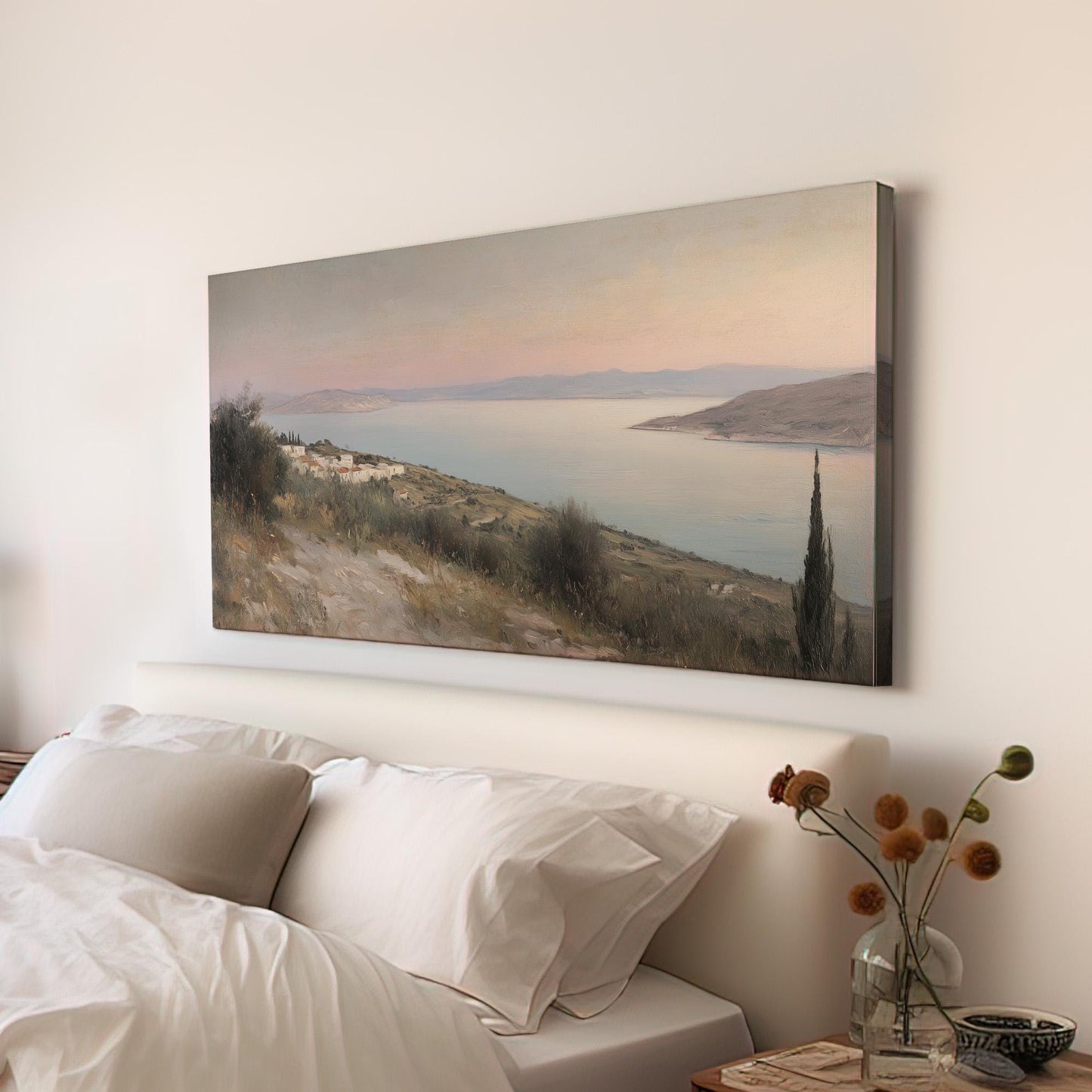 Greek Mediterranean Lanscape Muted Seascape, 2x1 Nautical Art Canvas Print, Coastal Sunset 20x60 Canvas Art