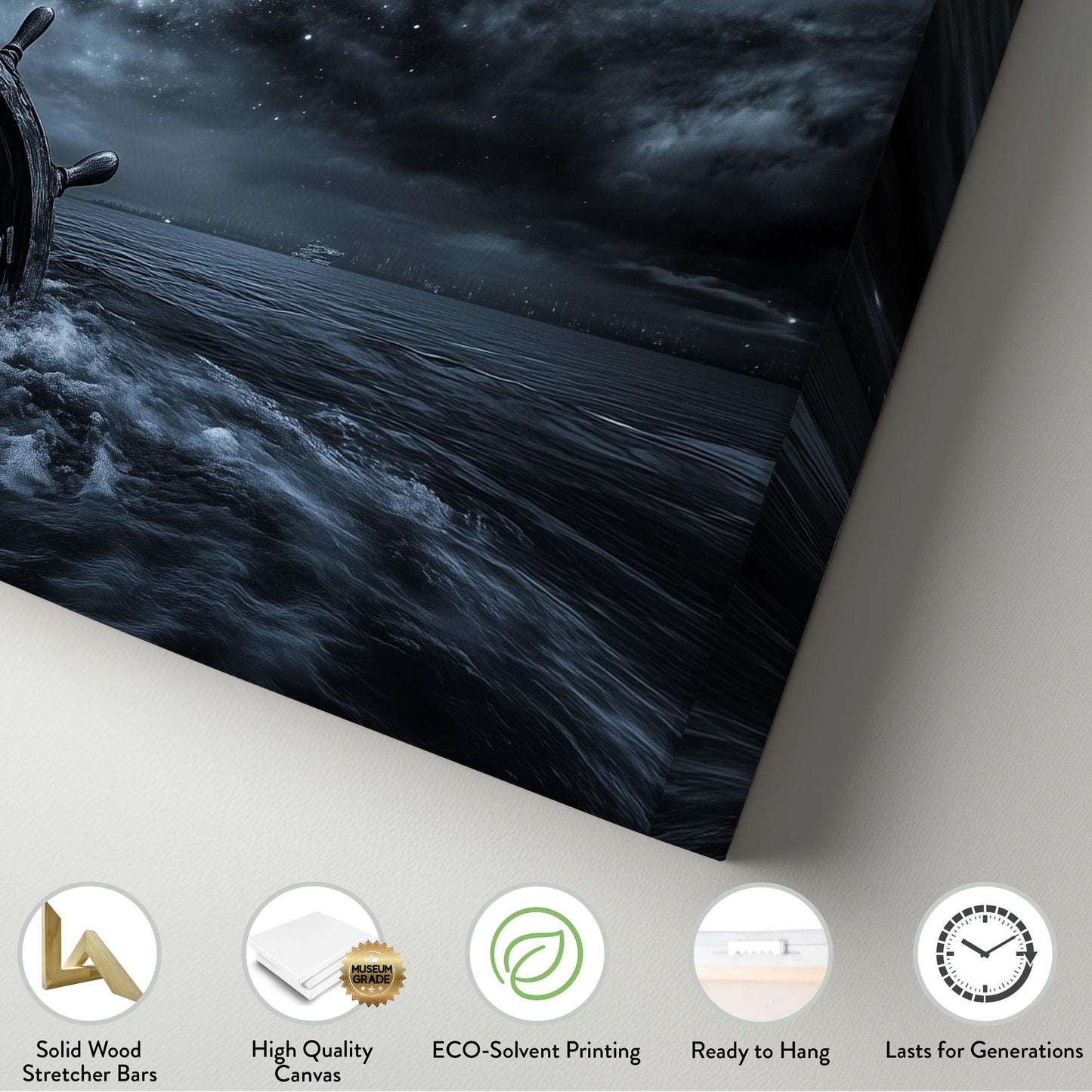 Lost Ship Wheel At Night Lanscape Coastal Nautical, 2x1 Rustic Sea Canvas Print, Starry Sky 20x60 Canvas Art