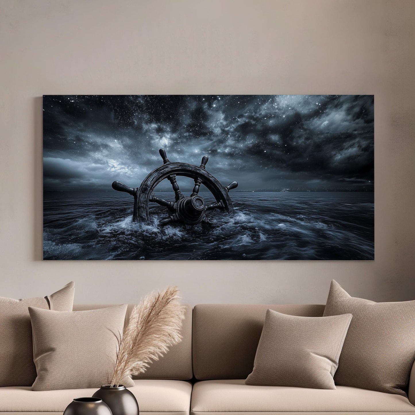 Lost Ship Wheel At Night Lanscape Coastal Nautical, 2x1 Rustic Sea Canvas Print, Starry Sky 20x60 Canvas Art
