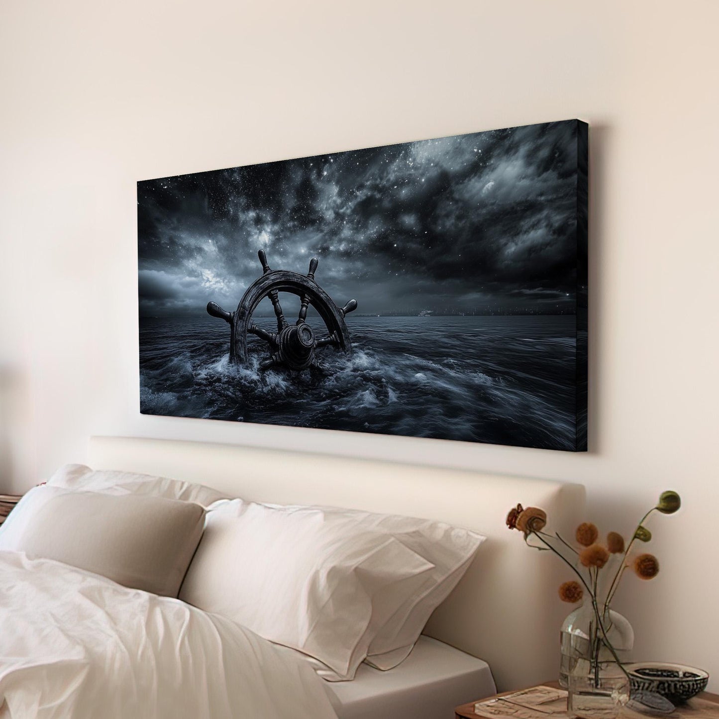 Lost Ship Wheel At Night Lanscape Coastal Nautical, 2x1 Rustic Sea Canvas Print, Starry Sky 20x60 Canvas Art