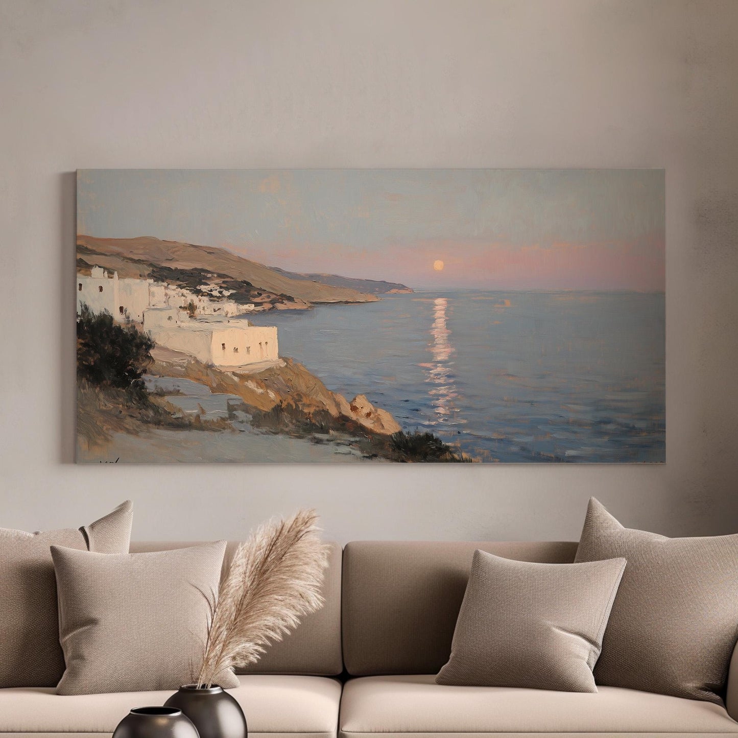Rustic Mediterranean Lanscape Muted Seascape, 2x1 Nautical Art Canvas Print, Coastal Sunset 20x60 Canvas Art