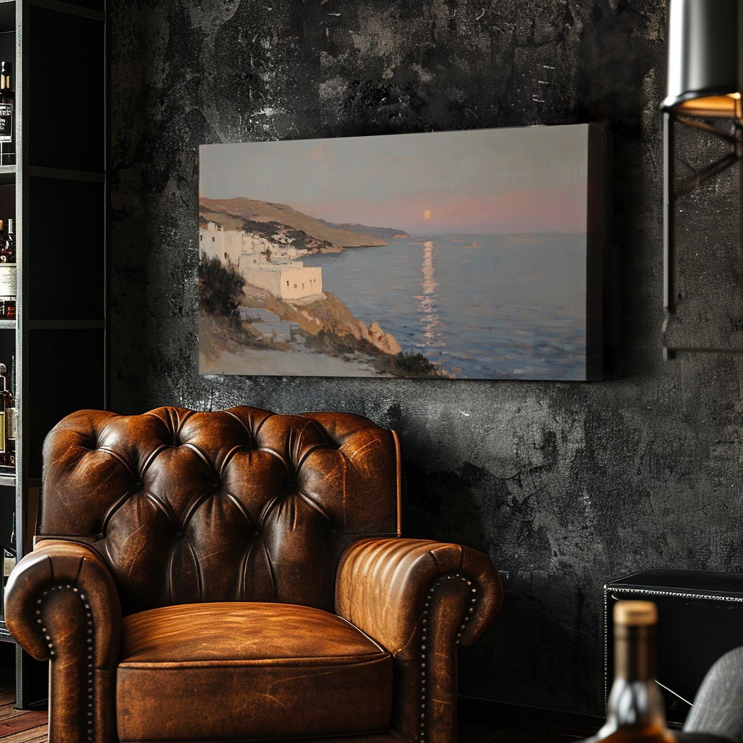 Rustic Mediterranean Lanscape Muted Seascape, 2x1 Nautical Art Canvas Print, Coastal Sunset 20x60 Canvas Art