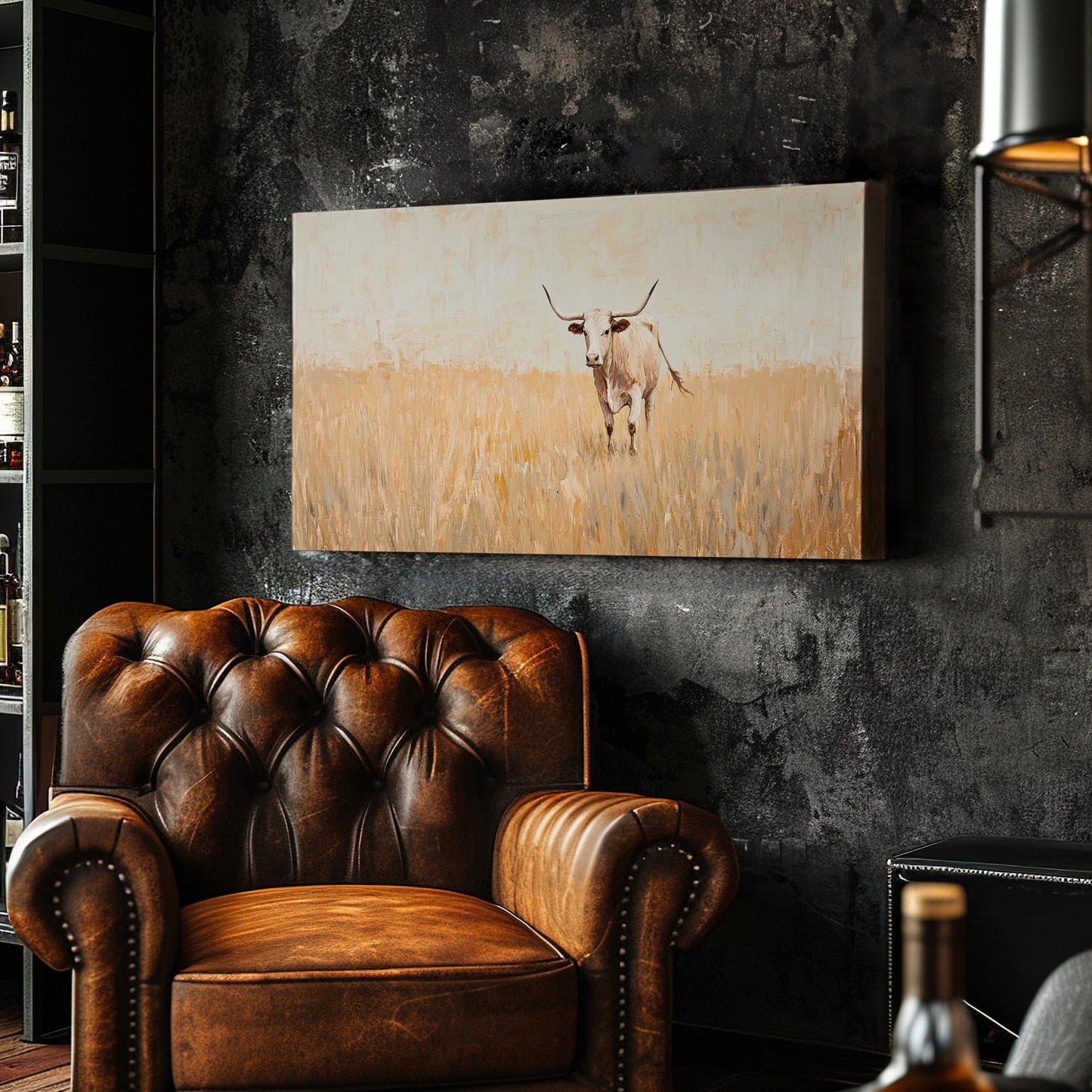 Vintage Longhorn Lanscape Minimal Landscape, 2x1 Farmhouse Style Canvas Print, Yellow Grass Field 20x60 Canvas Art