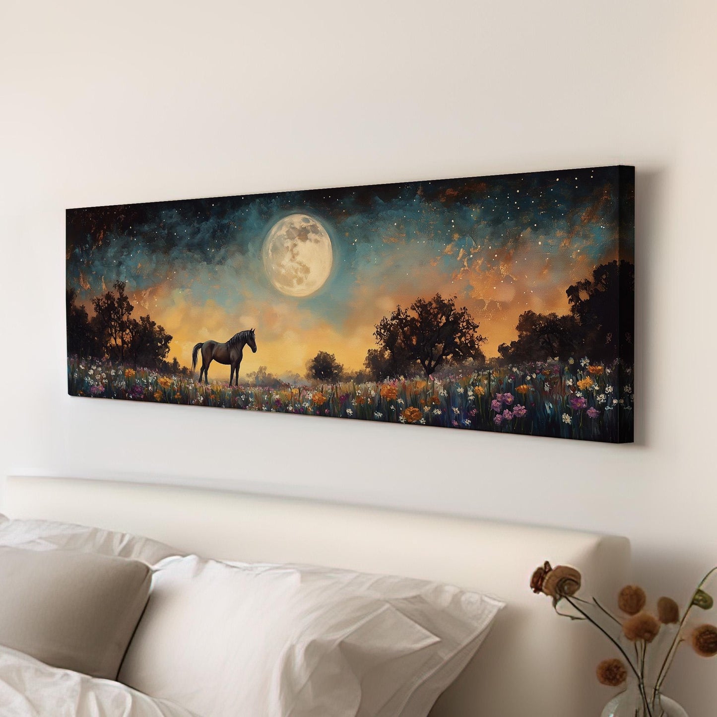 Horse Full Moon Panoramic Western Rustic, Minimal Farmhouse Ranch Canvas Print, Starry Night Printed Canvas Art