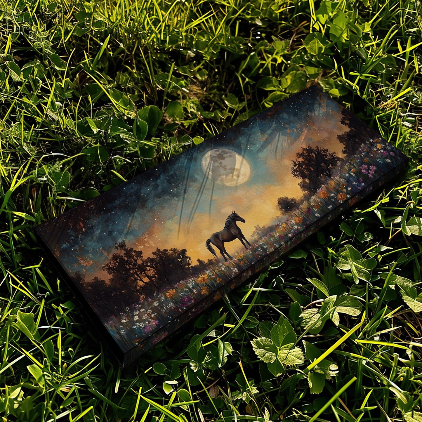 Horse Full Moon Panoramic Western Rustic, Minimal Farmhouse Ranch Canvas Print, Starry Night Printed Canvas Art