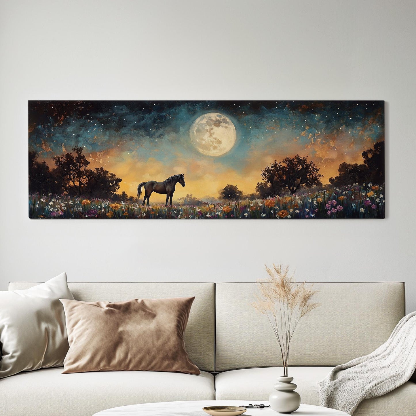 Horse Full Moon Panoramic Western Rustic, Minimal Farmhouse Ranch Canvas Print, Starry Night Printed Canvas Art