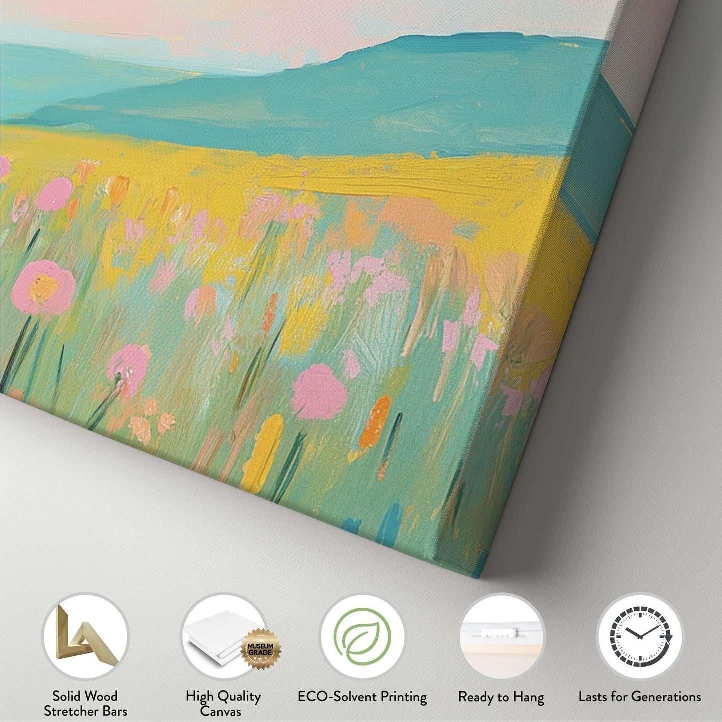 Horses On Colorful Wildflower Field Panoramic Flower Garden, Minimal Farmhouse Equestrian Canvas Print, Wild Nature Printed Canvas Art