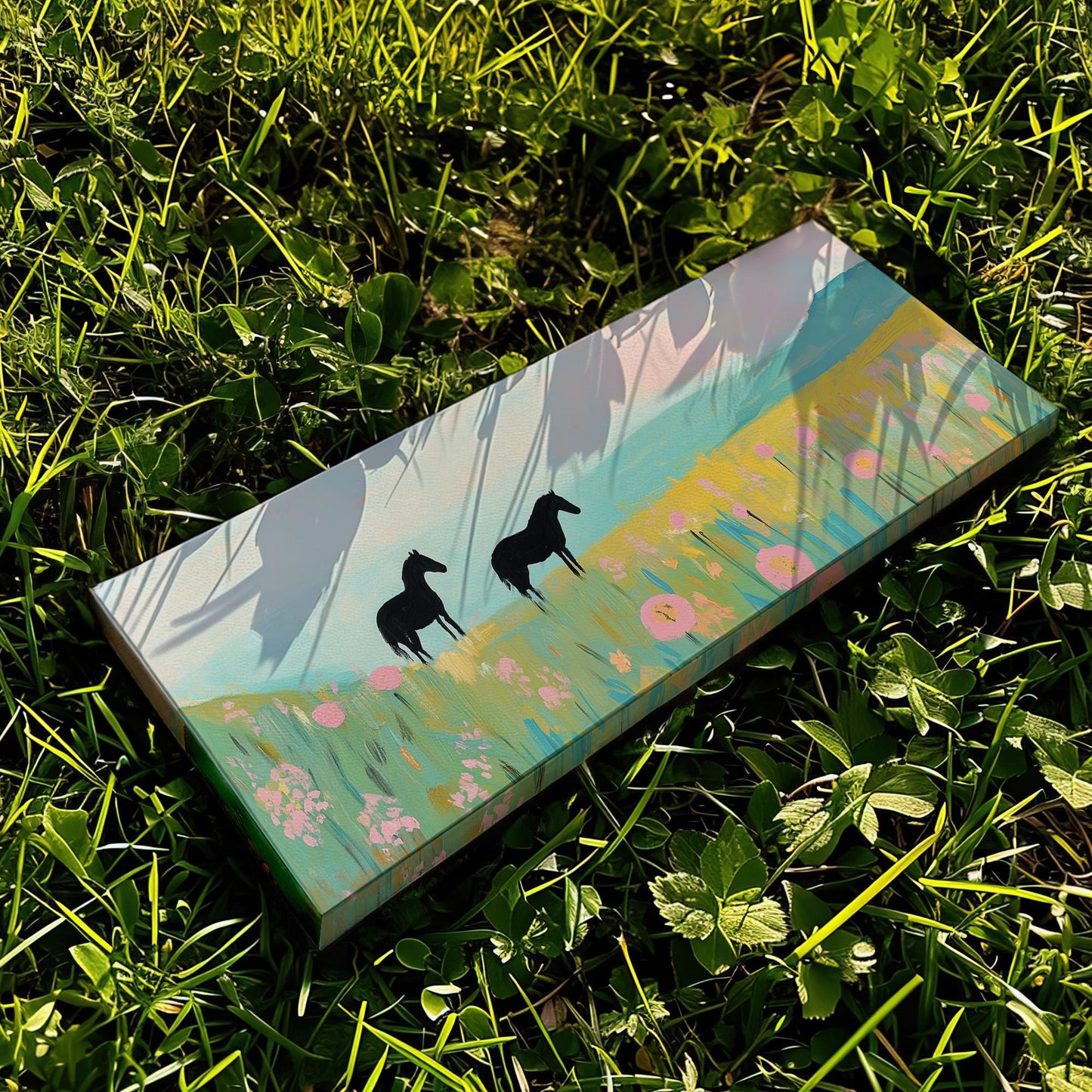 Horses On Colorful Wildflower Field Panoramic Flower Garden, Minimal Farmhouse Equestrian Canvas Print, Wild Nature Printed Canvas Art