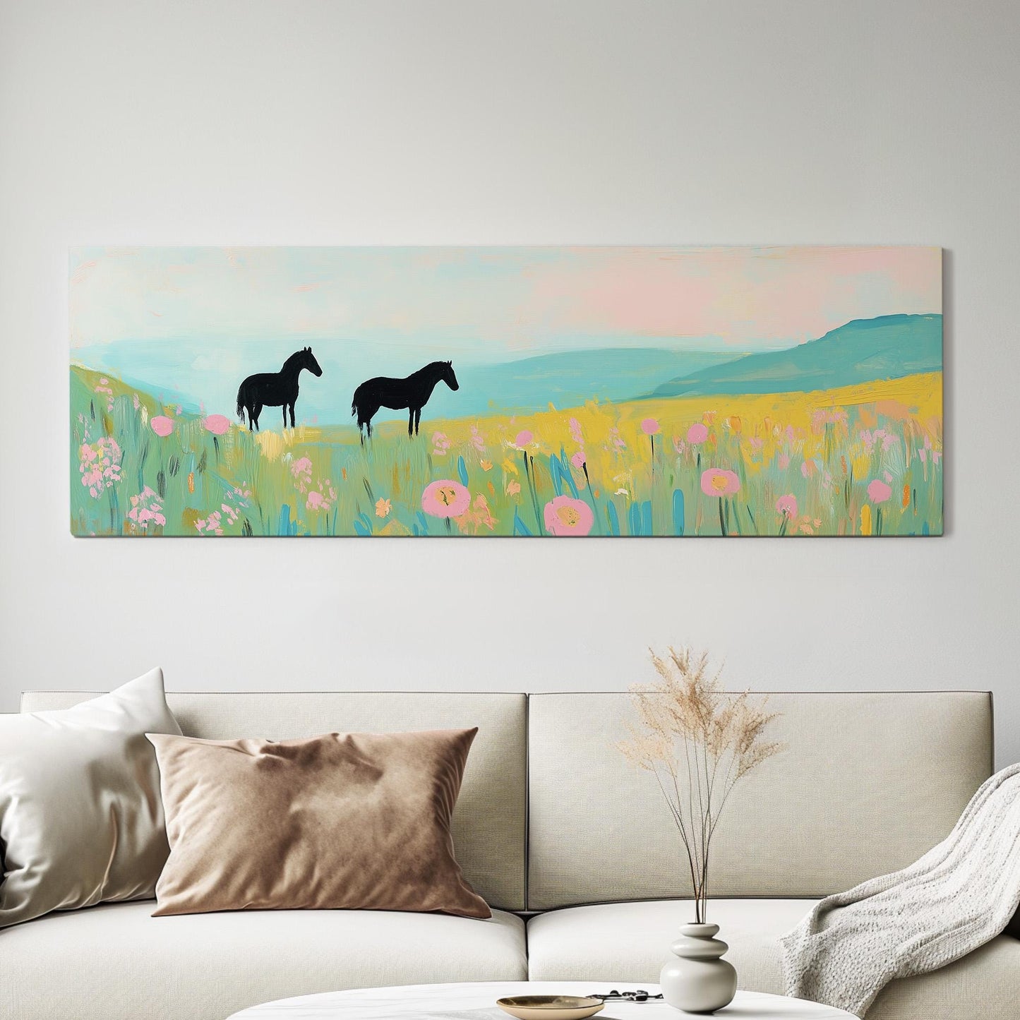 Horses On Colorful Wildflower Field Panoramic Flower Garden, Minimal Farmhouse Equestrian Canvas Print, Wild Nature Printed Canvas Art