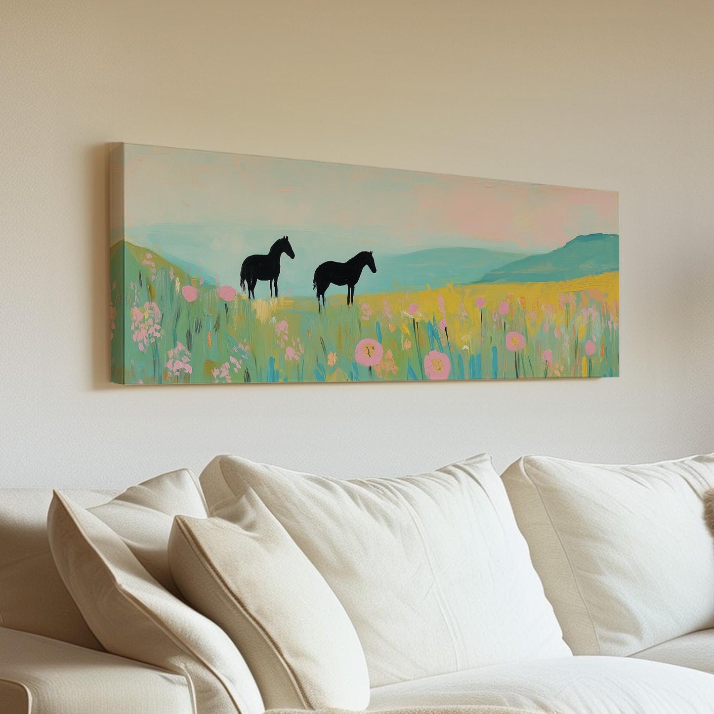 Horses On Colorful Wildflower Field Panoramic Flower Garden, Minimal Farmhouse Equestrian Canvas Print, Wild Nature Printed Canvas Art