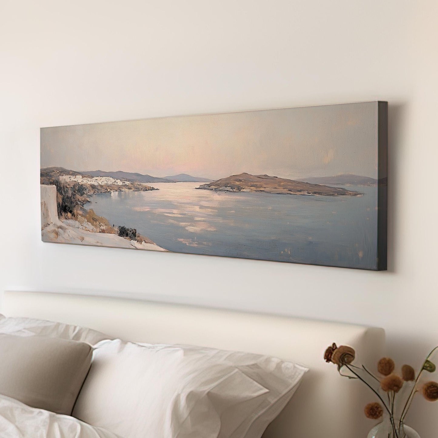 Italian Mediterranean Panoramic Muted Seascape, Minimal Nautical Art Canvas Print, Coastal Sunset Printed Canvas Art