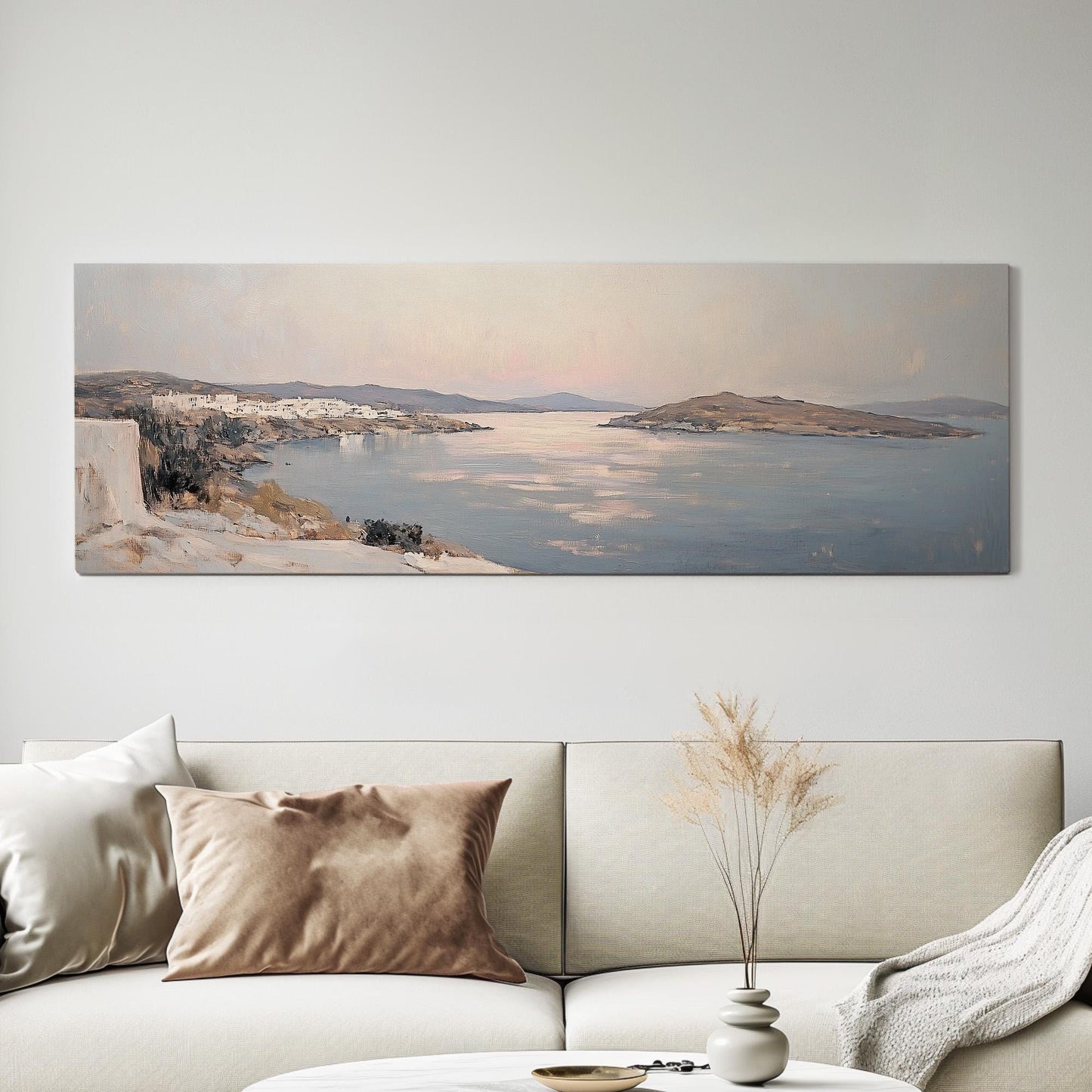 Italian Mediterranean Panoramic Muted Seascape, Minimal Nautical Art Canvas Print, Coastal Sunset Printed Canvas Art