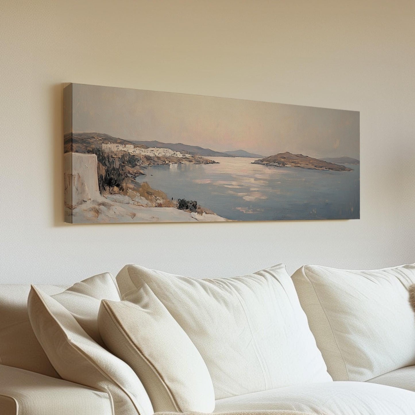 Italian Mediterranean Panoramic Muted Seascape, Minimal Nautical Art Canvas Print, Coastal Sunset Printed Canvas Art