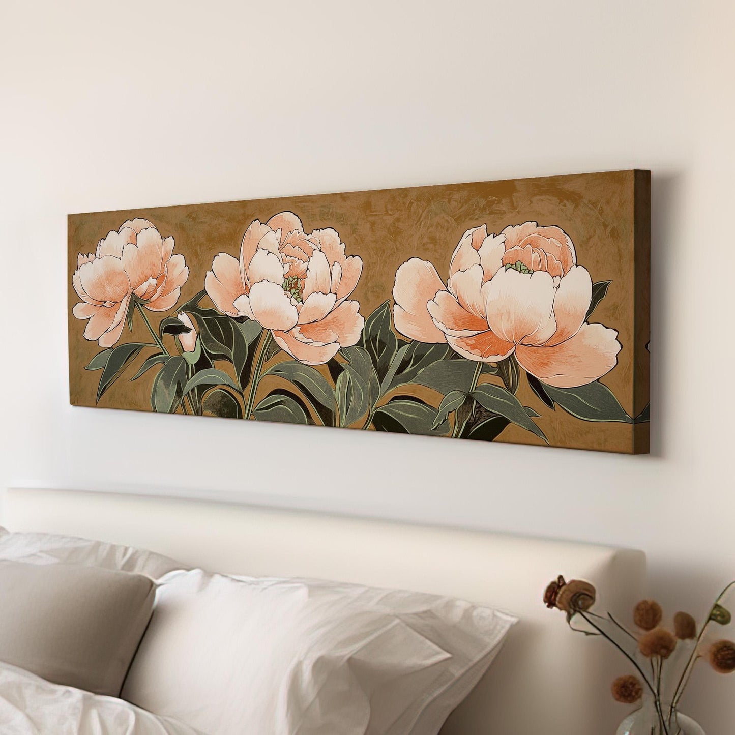 Peach Peony Bloom Panoramic Spring Garden, Minimal Floral Charm Canvas Print, Spring Farmhouse Printed Canvas Art