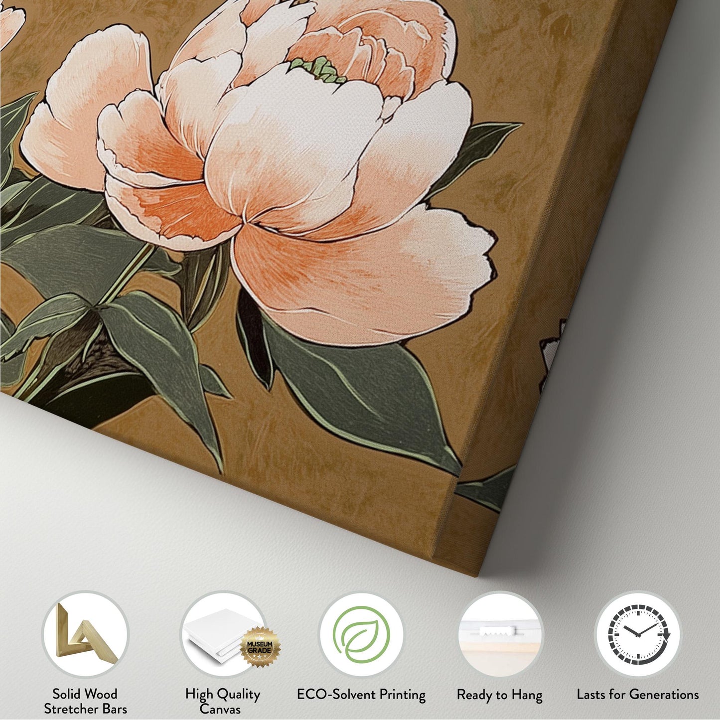 Peach Peony Bloom Panoramic Spring Garden, Minimal Floral Charm Canvas Print, Spring Farmhouse Printed Canvas Art
