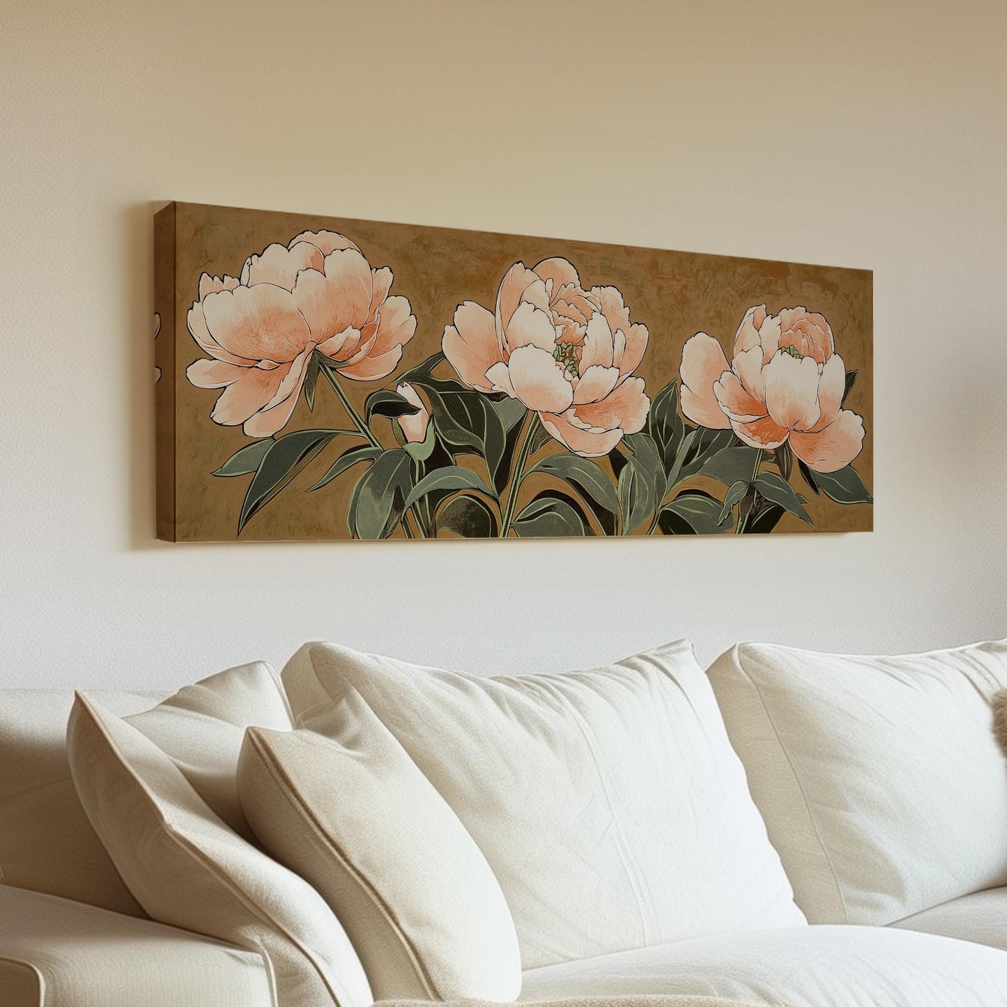 Peach Peony Bloom Panoramic Spring Garden, Minimal Floral Charm Canvas Print, Spring Farmhouse Printed Canvas Art